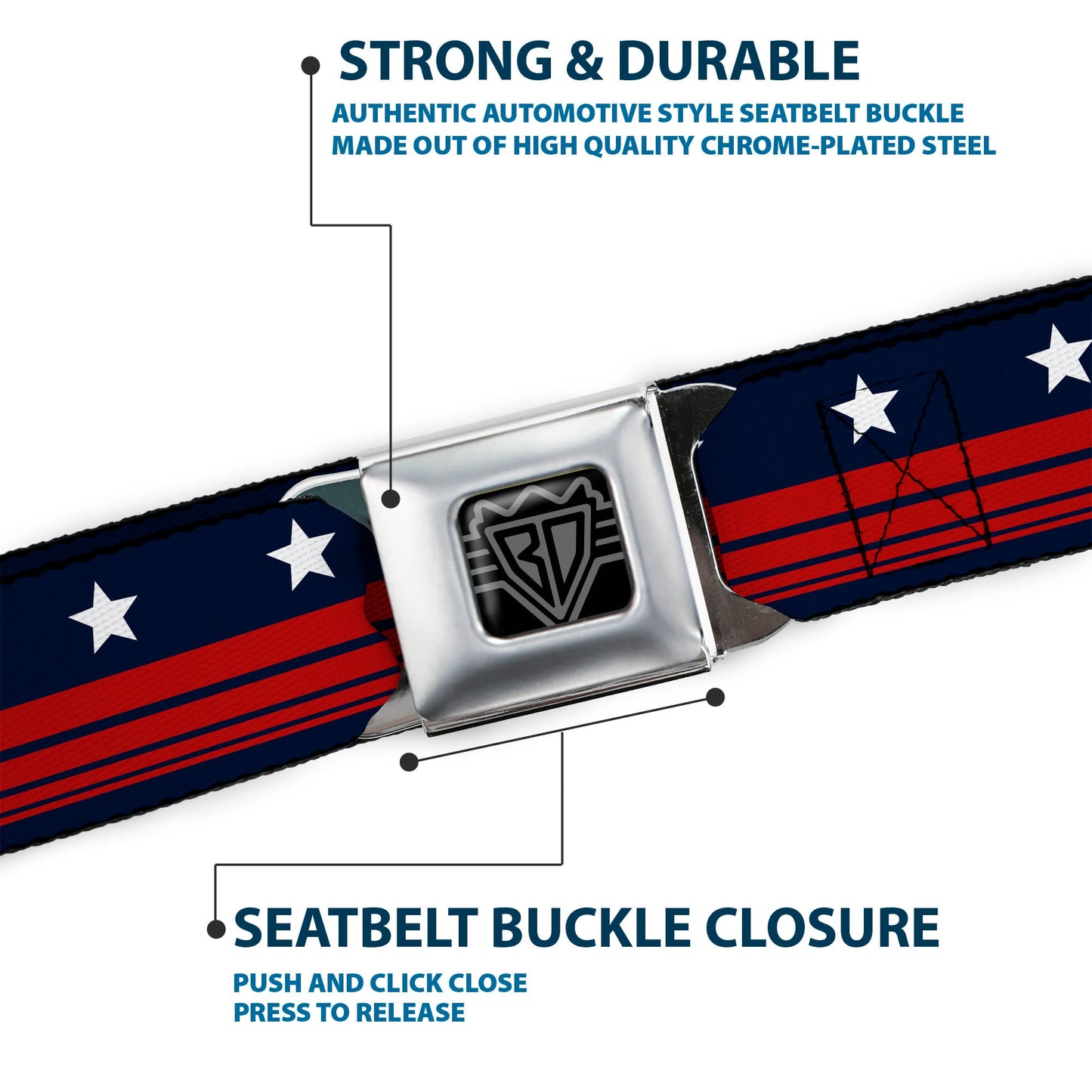 BD Wings Logo CLOSE-UP Full Color Black Silver Seatbelt Belt - Americana Stars & Stripes4 Blue/White/Red Webbing