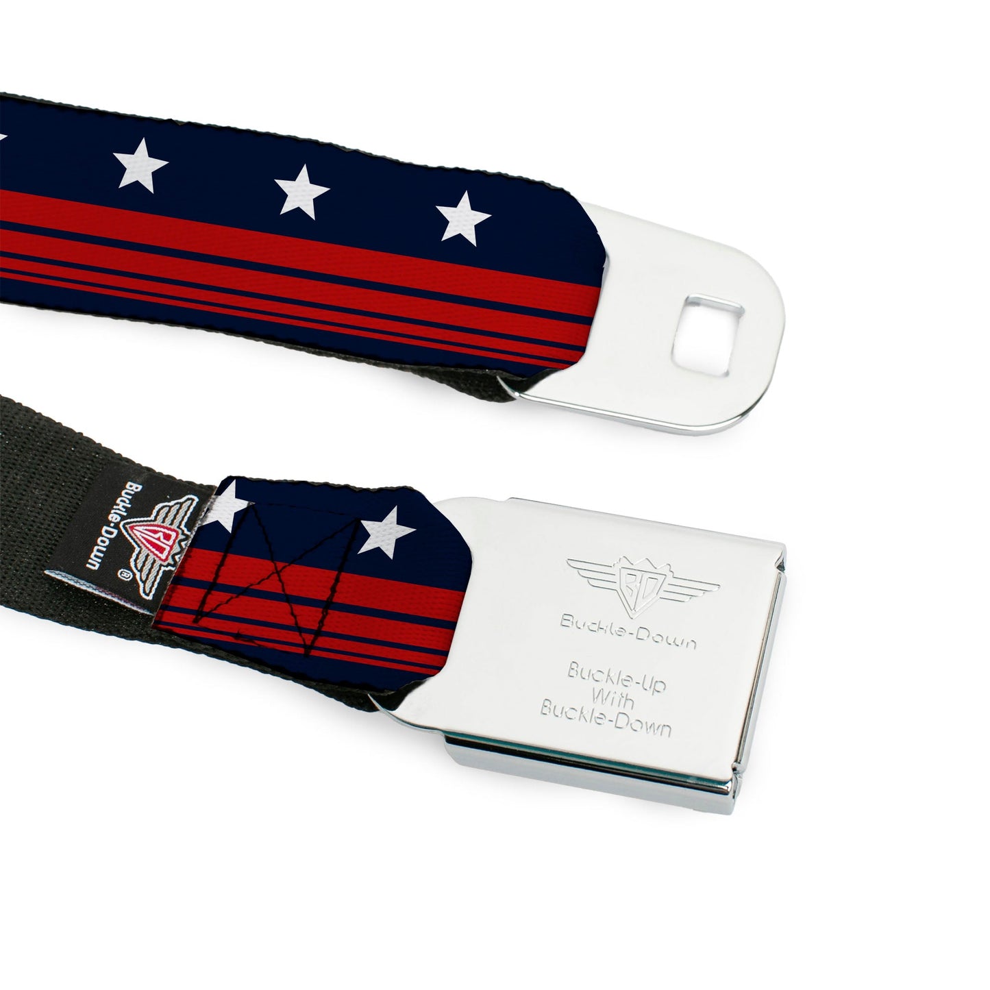 BD Wings Logo CLOSE-UP Full Color Black Silver Seatbelt Belt - Americana Stars & Stripes4 Blue/White/Red Webbing