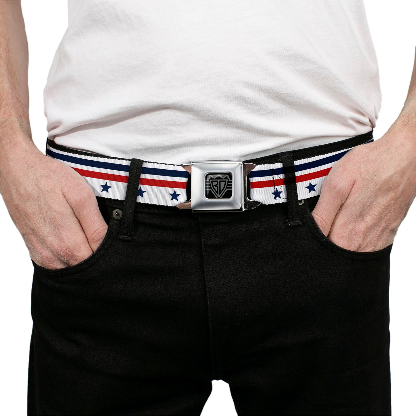 BD Wings Logo CLOSE-UP Full Color Black Silver Seatbelt Belt - Americana Stars & Stripes5 White/Blue/Red Webbing