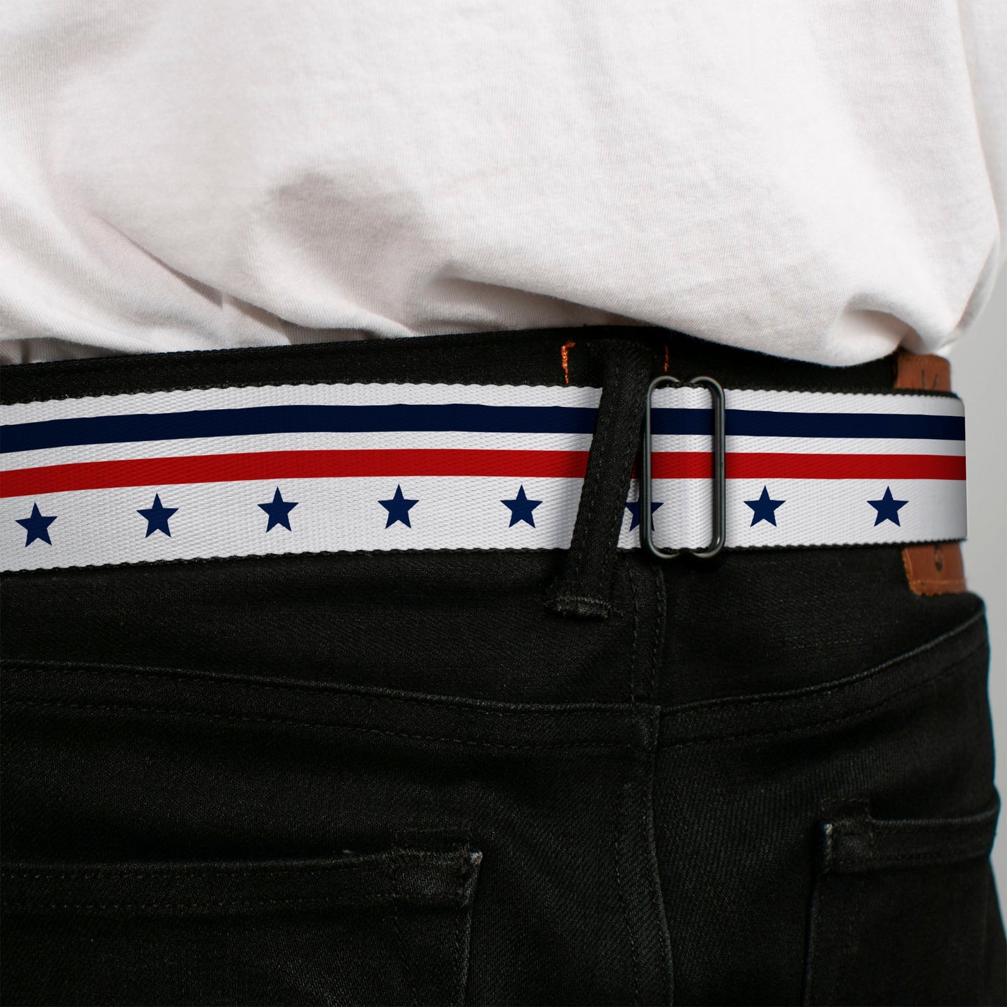 BD Wings Logo CLOSE-UP Full Color Black Silver Seatbelt Belt - Americana Stars & Stripes5 White/Blue/Red Webbing