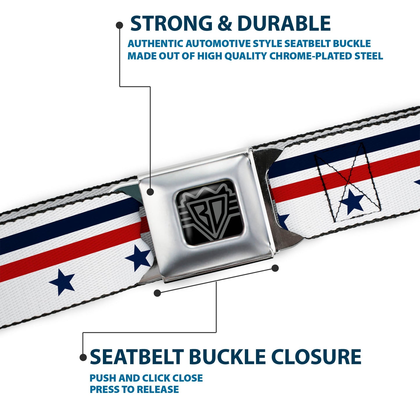 BD Wings Logo CLOSE-UP Full Color Black Silver Seatbelt Belt - Americana Stars & Stripes5 White/Blue/Red Webbing