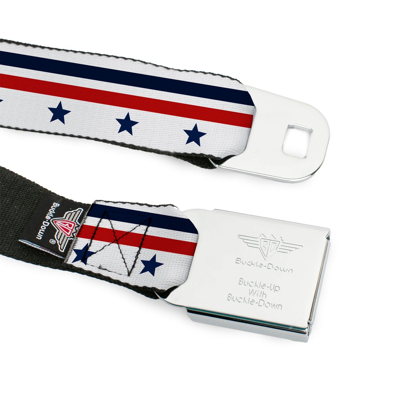 BD Wings Logo CLOSE-UP Full Color Black Silver Seatbelt Belt - Americana Stars & Stripes5 White/Blue/Red Webbing