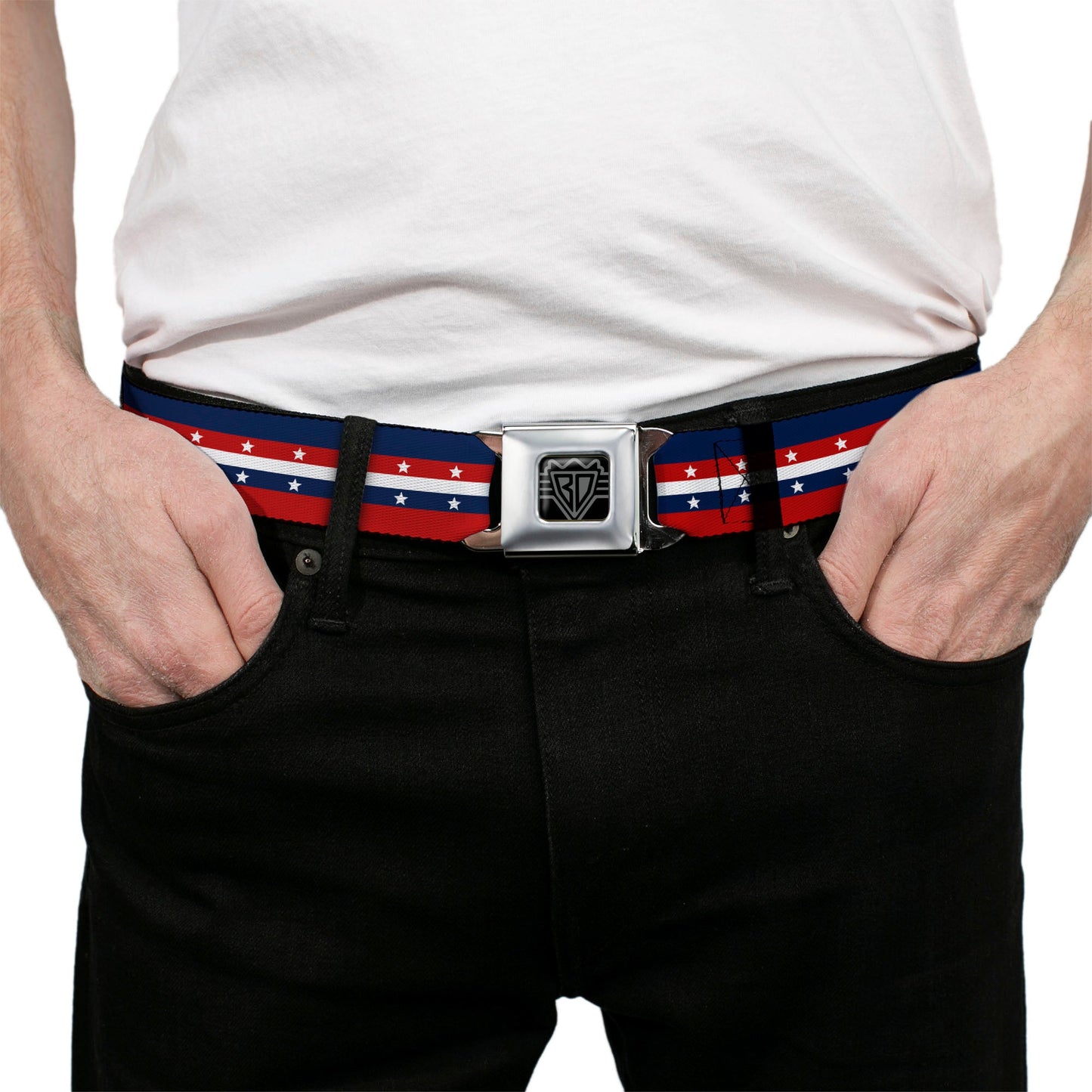 BD Wings Logo CLOSE-UP Full Color Black Silver Seatbelt Belt - Americana Stripe w/Stars Blue/Red/White Webbing