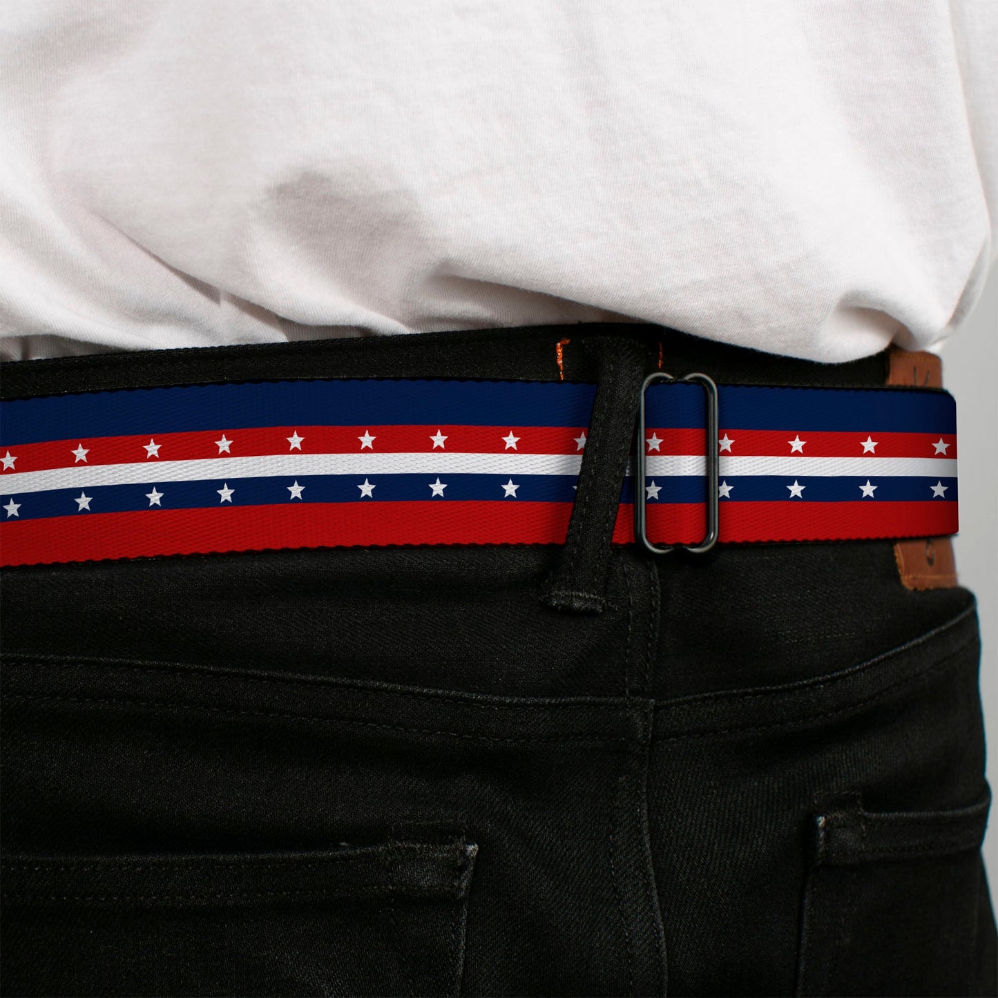 BD Wings Logo CLOSE-UP Full Color Black Silver Seatbelt Belt - Americana Stripe w/Stars Blue/Red/White Webbing