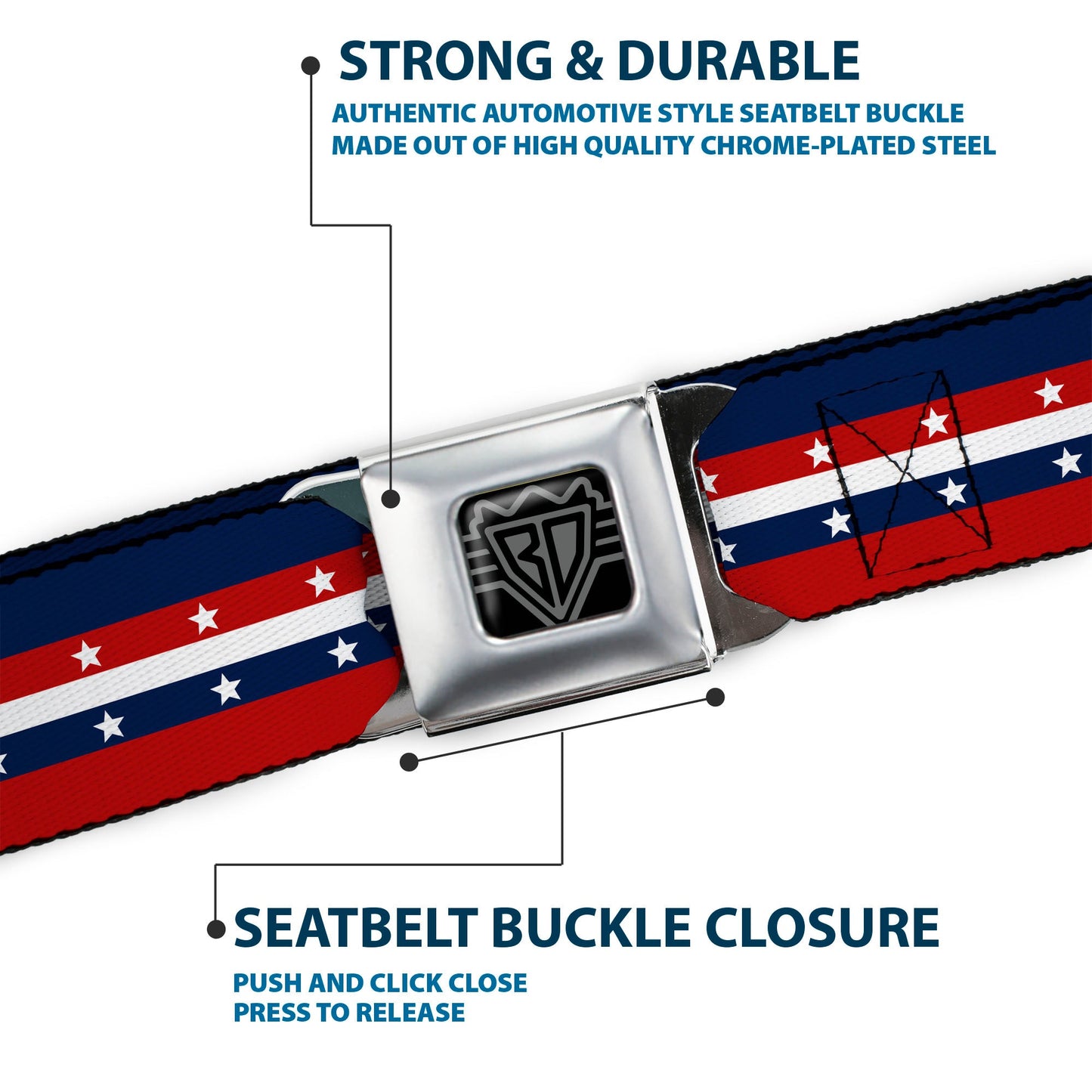 BD Wings Logo CLOSE-UP Full Color Black Silver Seatbelt Belt - Americana Stripe w/Stars Blue/Red/White Webbing