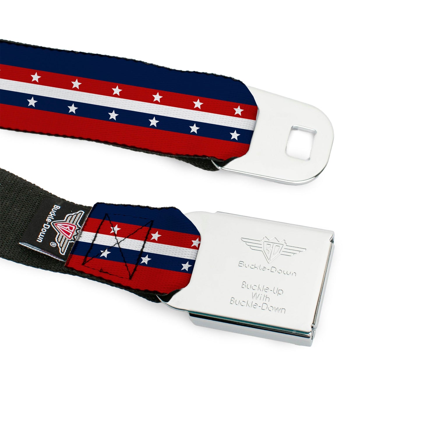 BD Wings Logo CLOSE-UP Full Color Black Silver Seatbelt Belt - Americana Stripe w/Stars Blue/Red/White Webbing
