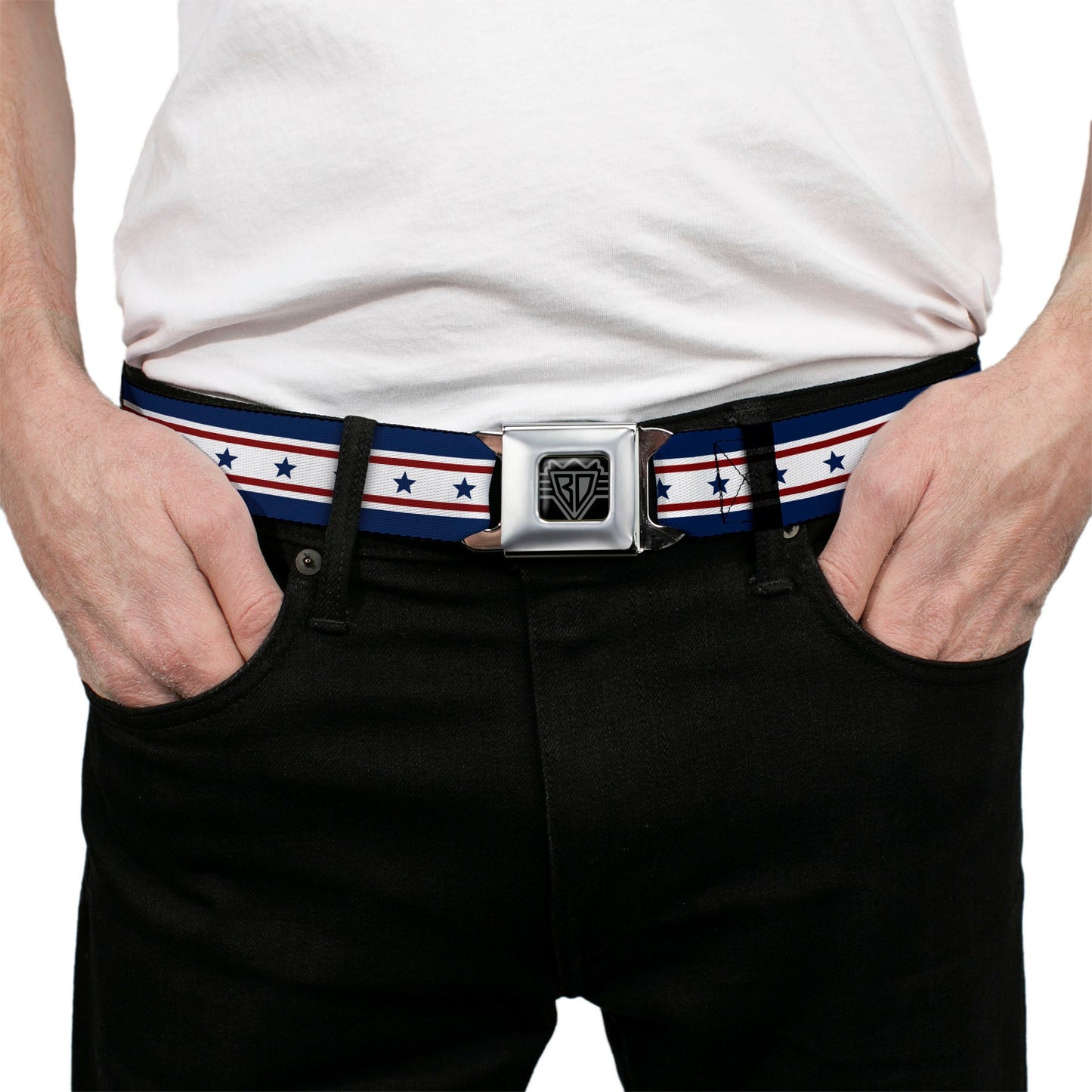BD Wings Logo CLOSE-UP Full Color Black Silver Seatbelt Belt - Americana Stars & Stripes 6 Blue/White/Red Webbing