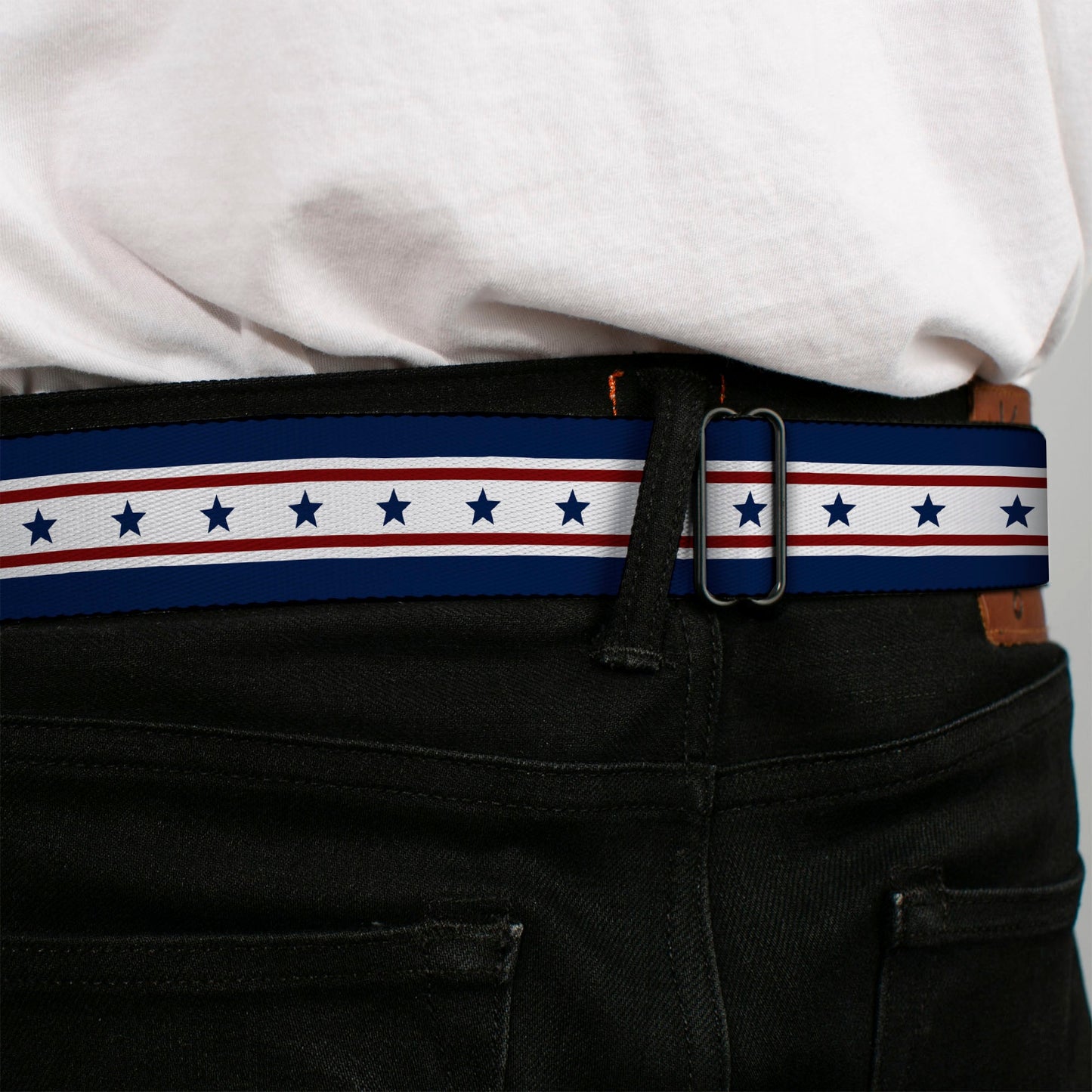 BD Wings Logo CLOSE-UP Full Color Black Silver Seatbelt Belt - Americana Stars & Stripes 6 Blue/White/Red Webbing
