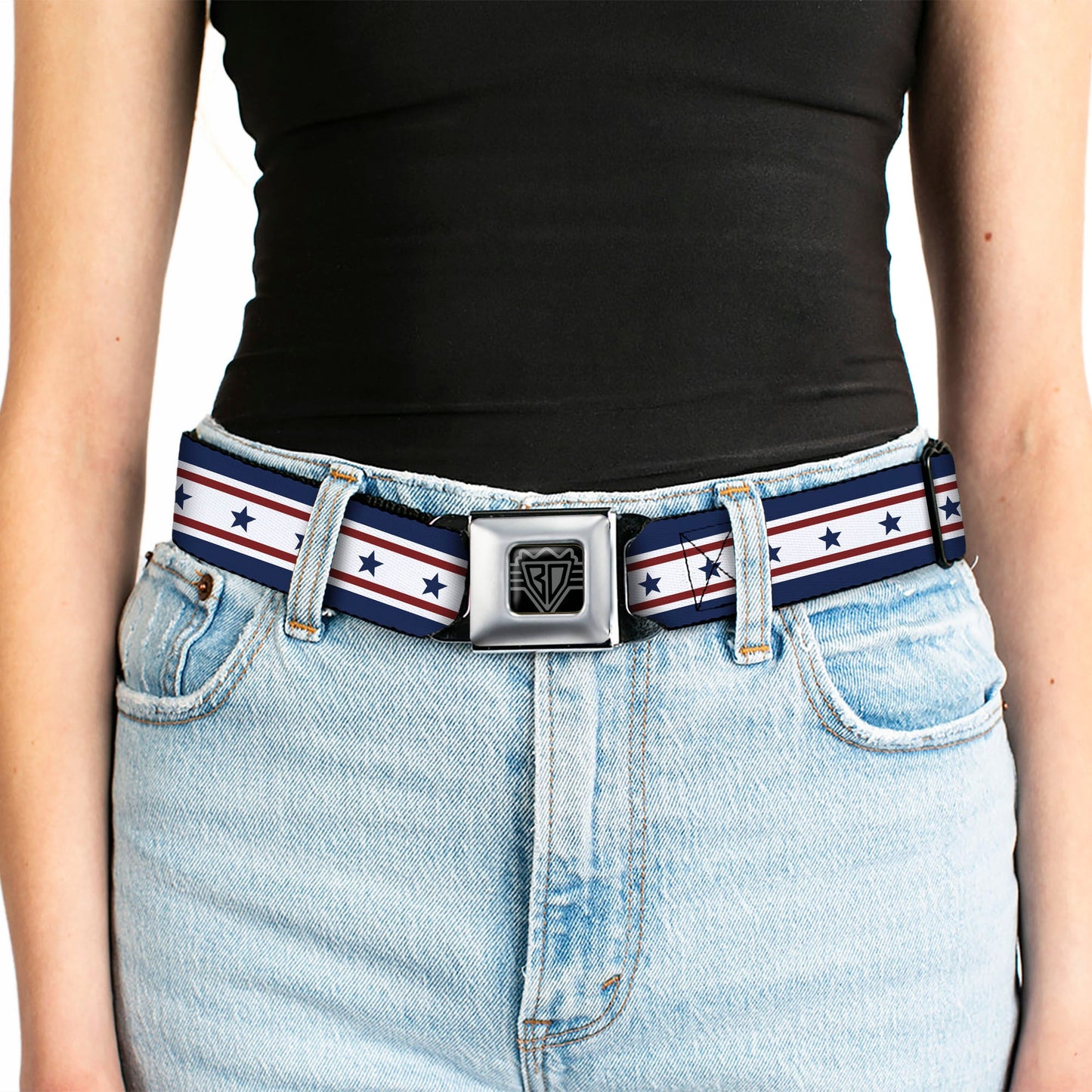 BD Wings Logo CLOSE-UP Full Color Black Silver Seatbelt Belt - Americana Stars & Stripes 6 Blue/White/Red Webbing