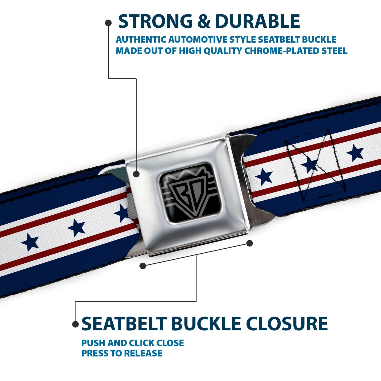 BD Wings Logo CLOSE-UP Full Color Black Silver Seatbelt Belt - Americana Stars & Stripes 6 Blue/White/Red Webbing