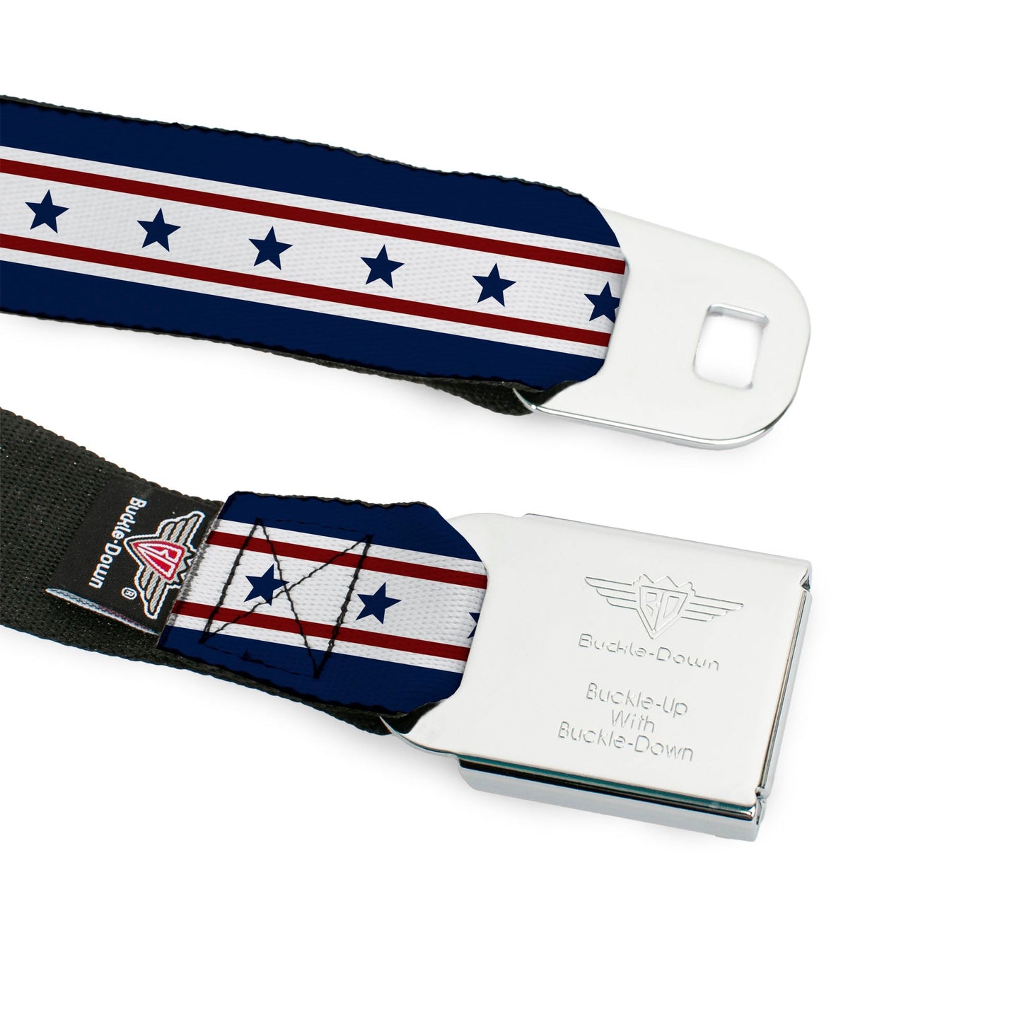 BD Wings Logo CLOSE-UP Full Color Black Silver Seatbelt Belt - Americana Stars & Stripes 6 Blue/White/Red Webbing