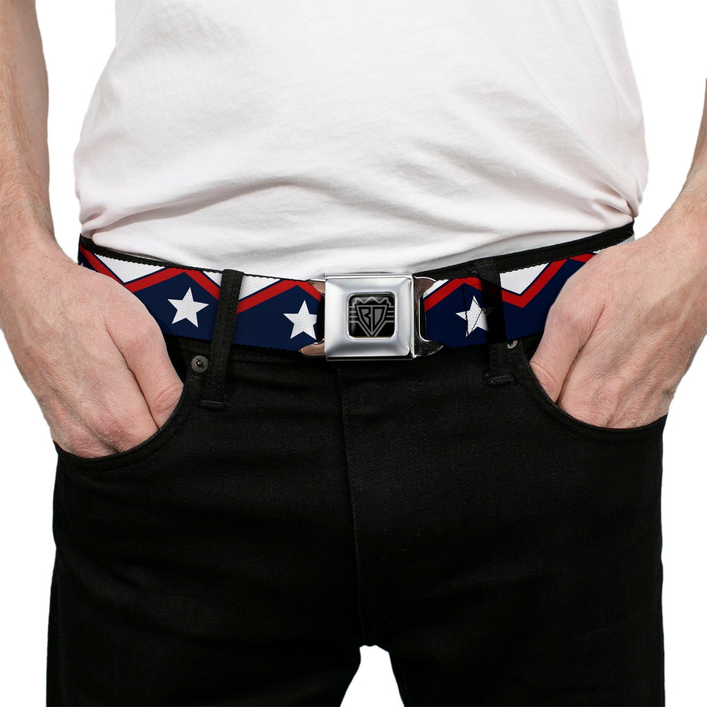 BD Wings Logo CLOSE-UP Full Color Black Silver Seatbelt Belt - American Chevron & Stripes White/Red/Blue Webbing