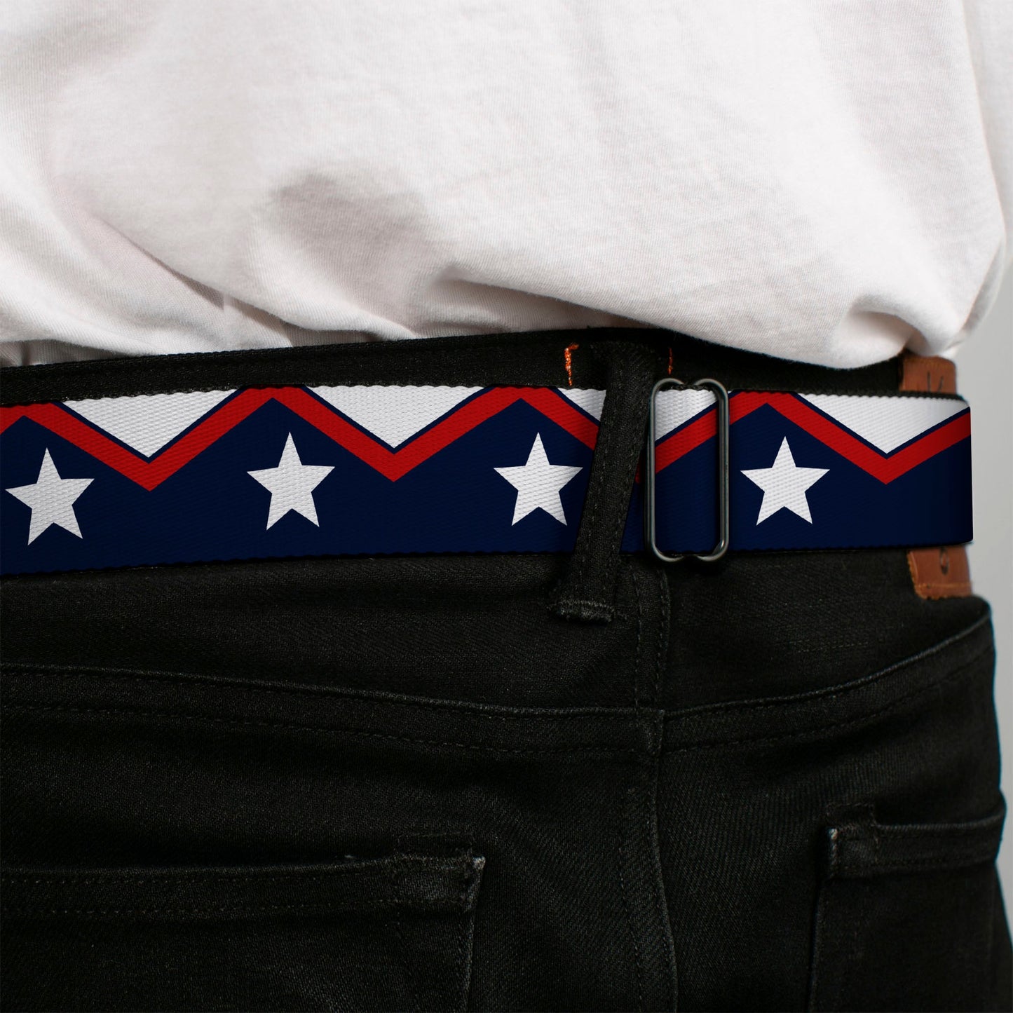 BD Wings Logo CLOSE-UP Full Color Black Silver Seatbelt Belt - American Chevron & Stripes White/Red/Blue Webbing