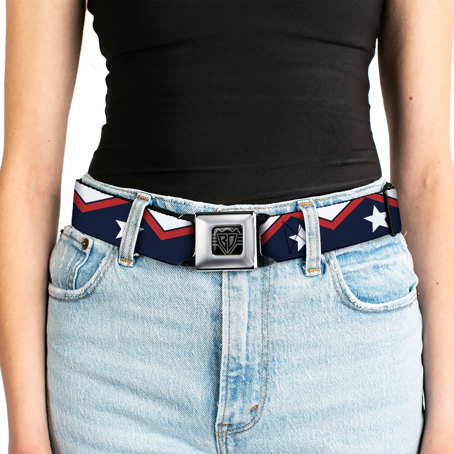 BD Wings Logo CLOSE-UP Full Color Black Silver Seatbelt Belt - American Chevron & Stripes White/Red/Blue Webbing