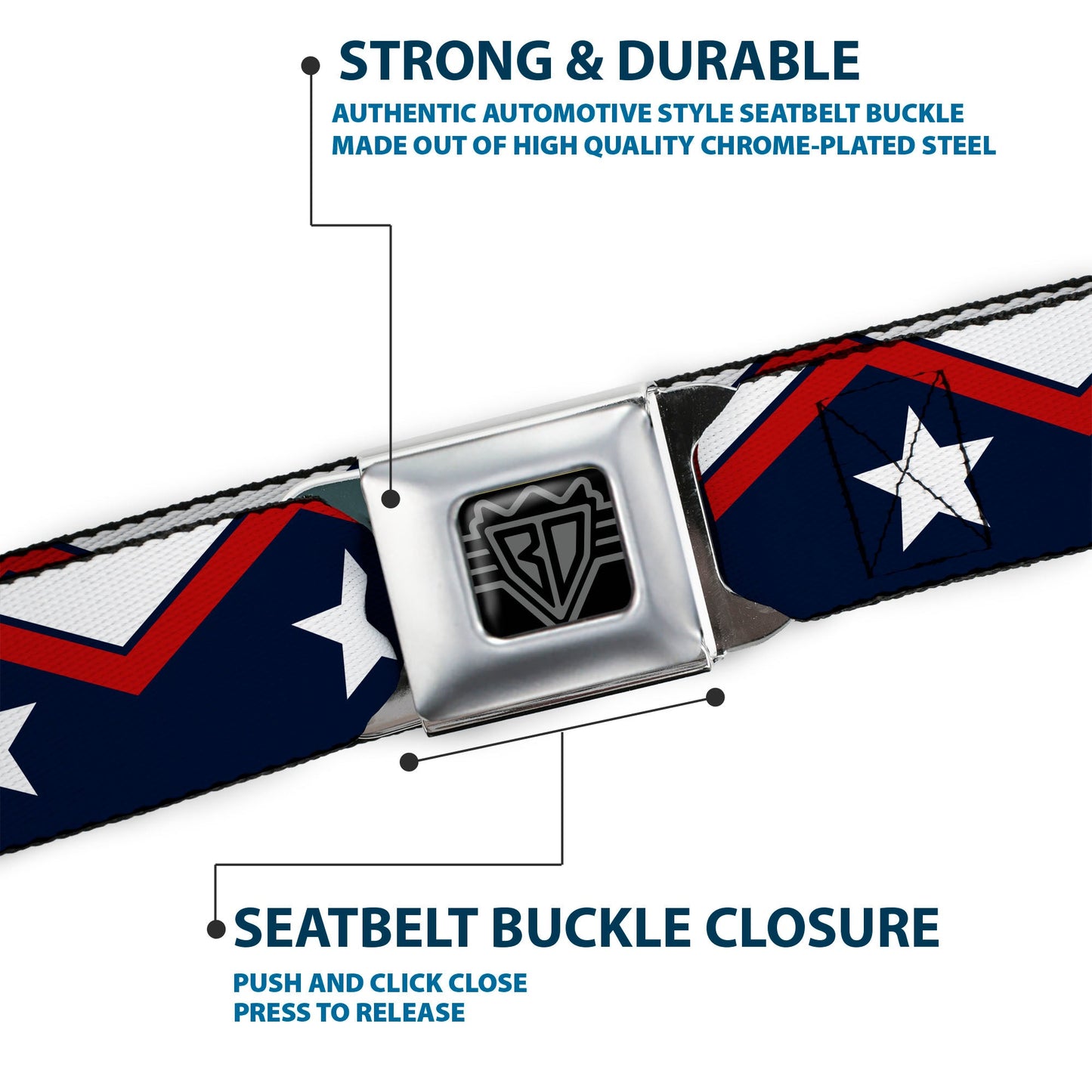BD Wings Logo CLOSE-UP Full Color Black Silver Seatbelt Belt - American Chevron & Stripes White/Red/Blue Webbing
