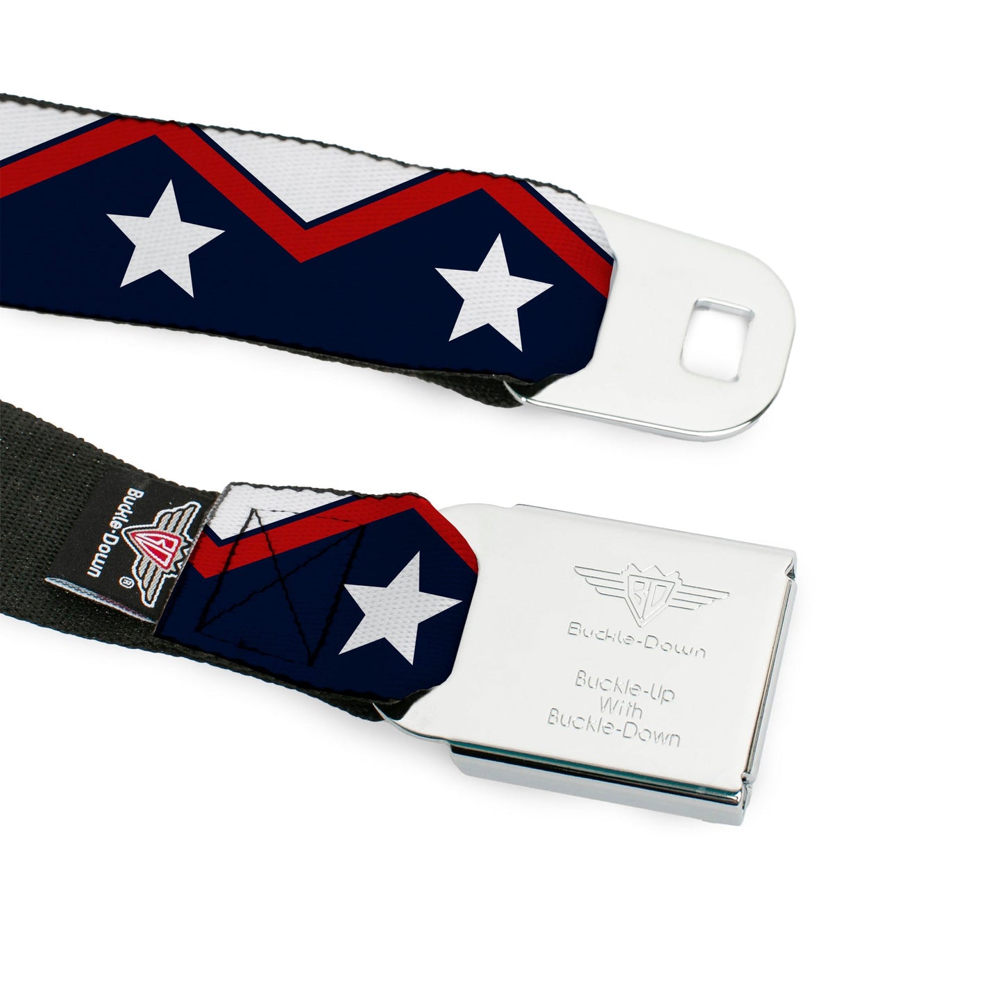 BD Wings Logo CLOSE-UP Full Color Black Silver Seatbelt Belt - American Chevron & Stripes White/Red/Blue Webbing