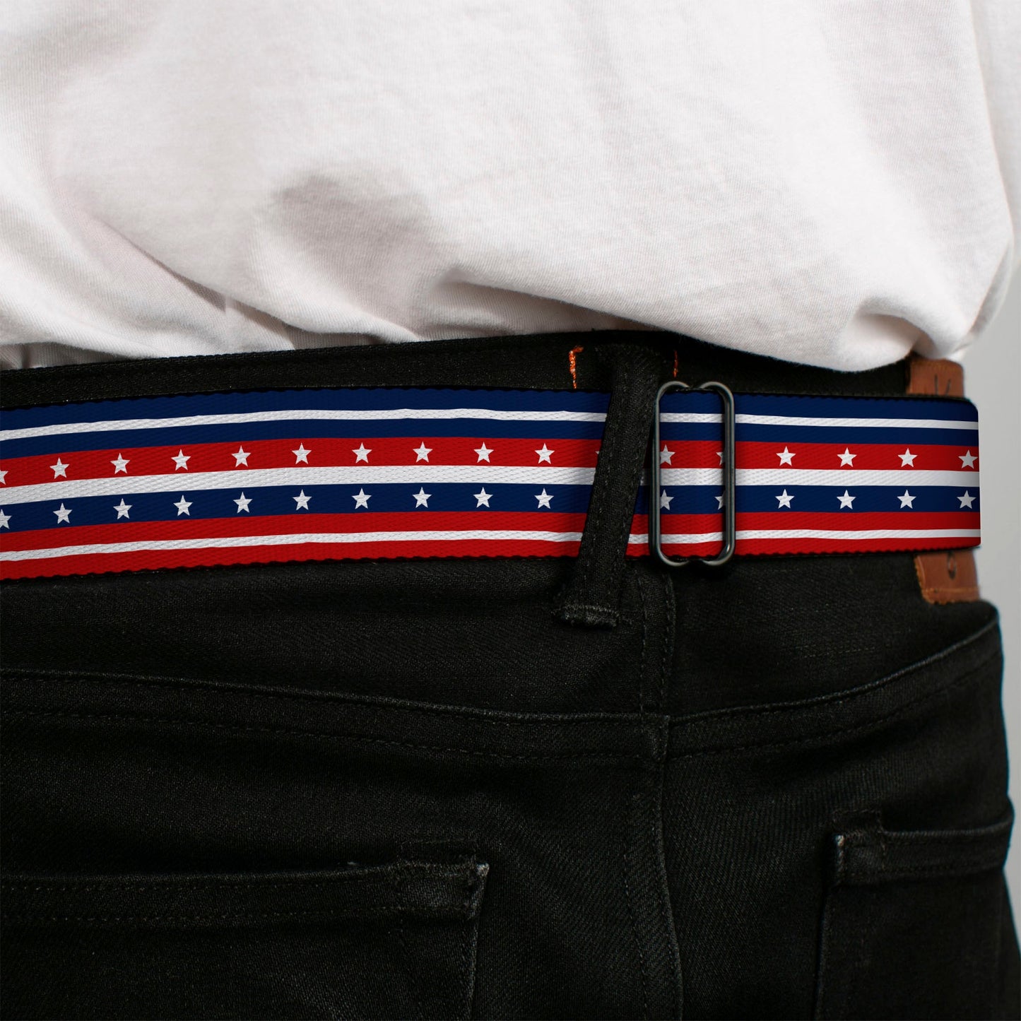 BD Wings Logo CLOSE-UP Full Color Black Silver Seatbelt Belt - Americana Stripe w/Stars2 Blue/Red/White Webbing