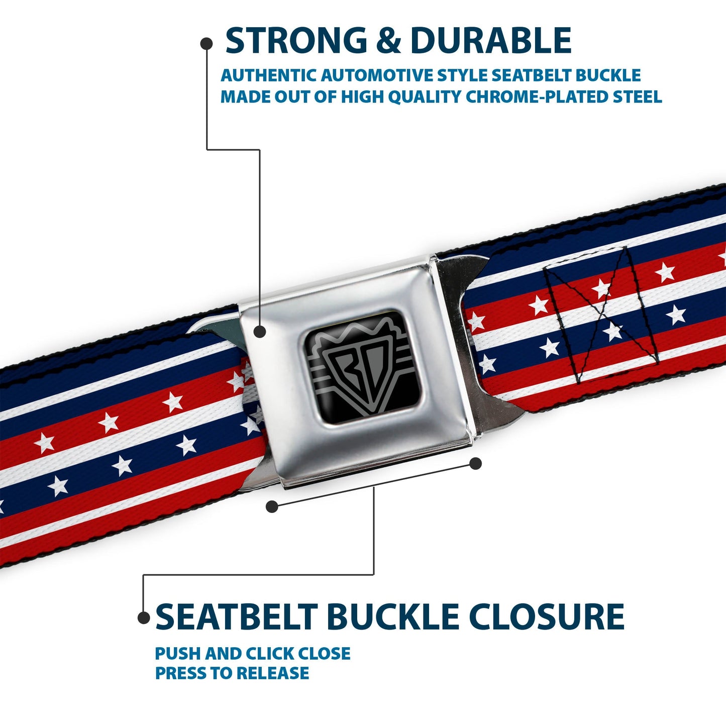 BD Wings Logo CLOSE-UP Full Color Black Silver Seatbelt Belt - Americana Stripe w/Stars2 Blue/Red/White Webbing