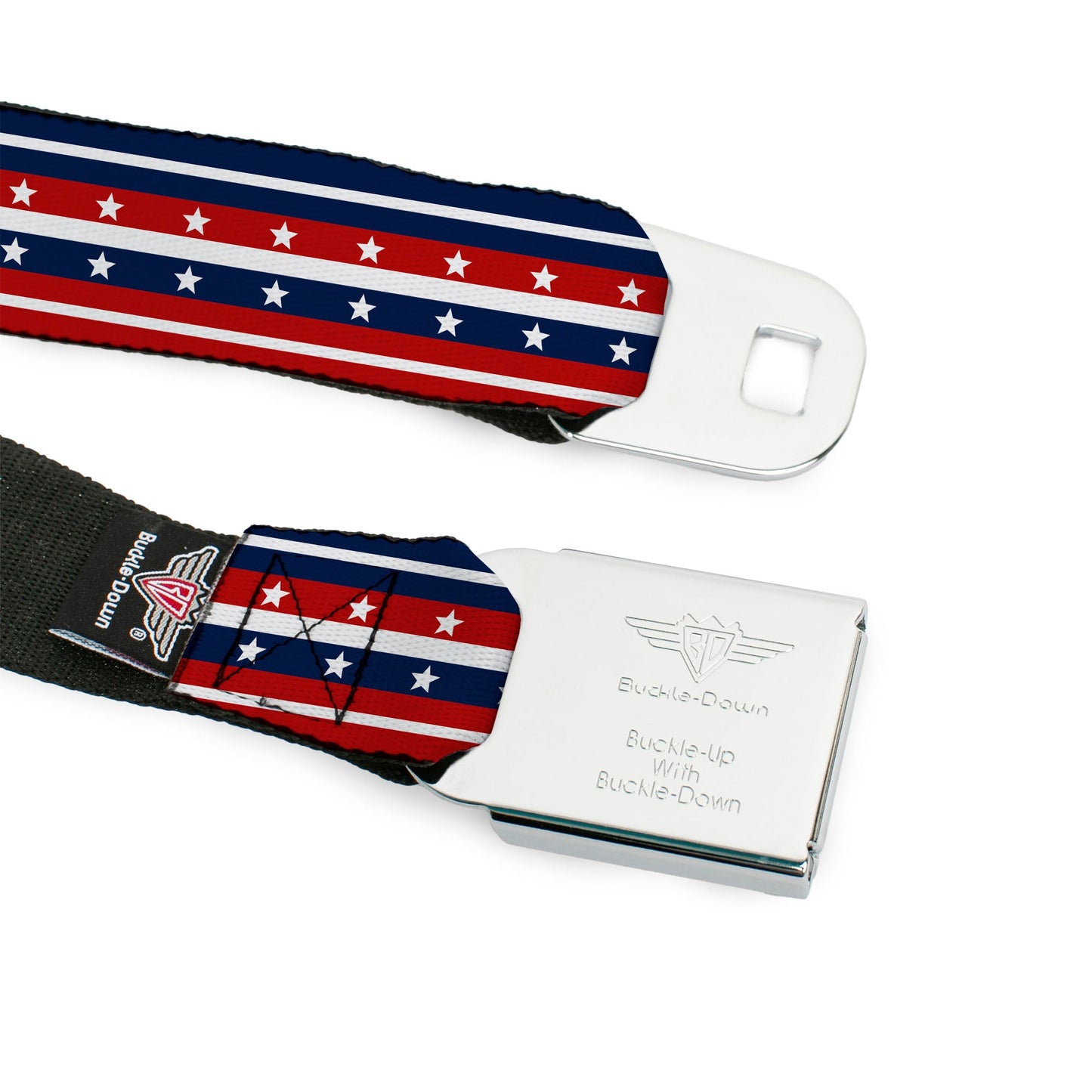 BD Wings Logo CLOSE-UP Full Color Black Silver Seatbelt Belt - Americana Stripe w/Stars2 Blue/Red/White Webbing