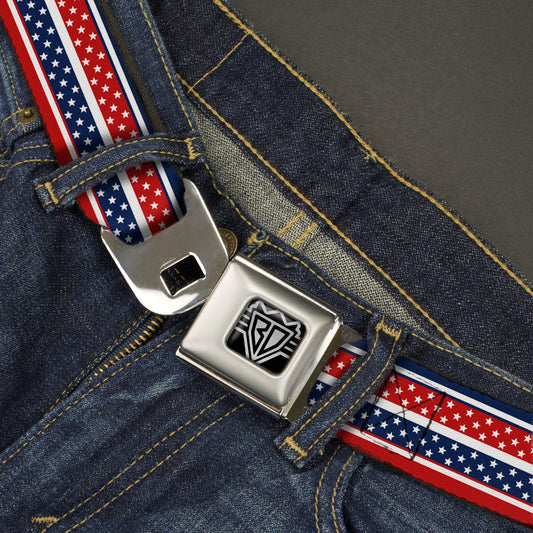 BD Wings Logo CLOSE-UP Full Color Black Silver Seatbelt Belt - Americana Stripe w/Mini Stars Blue/Red/White Webbing