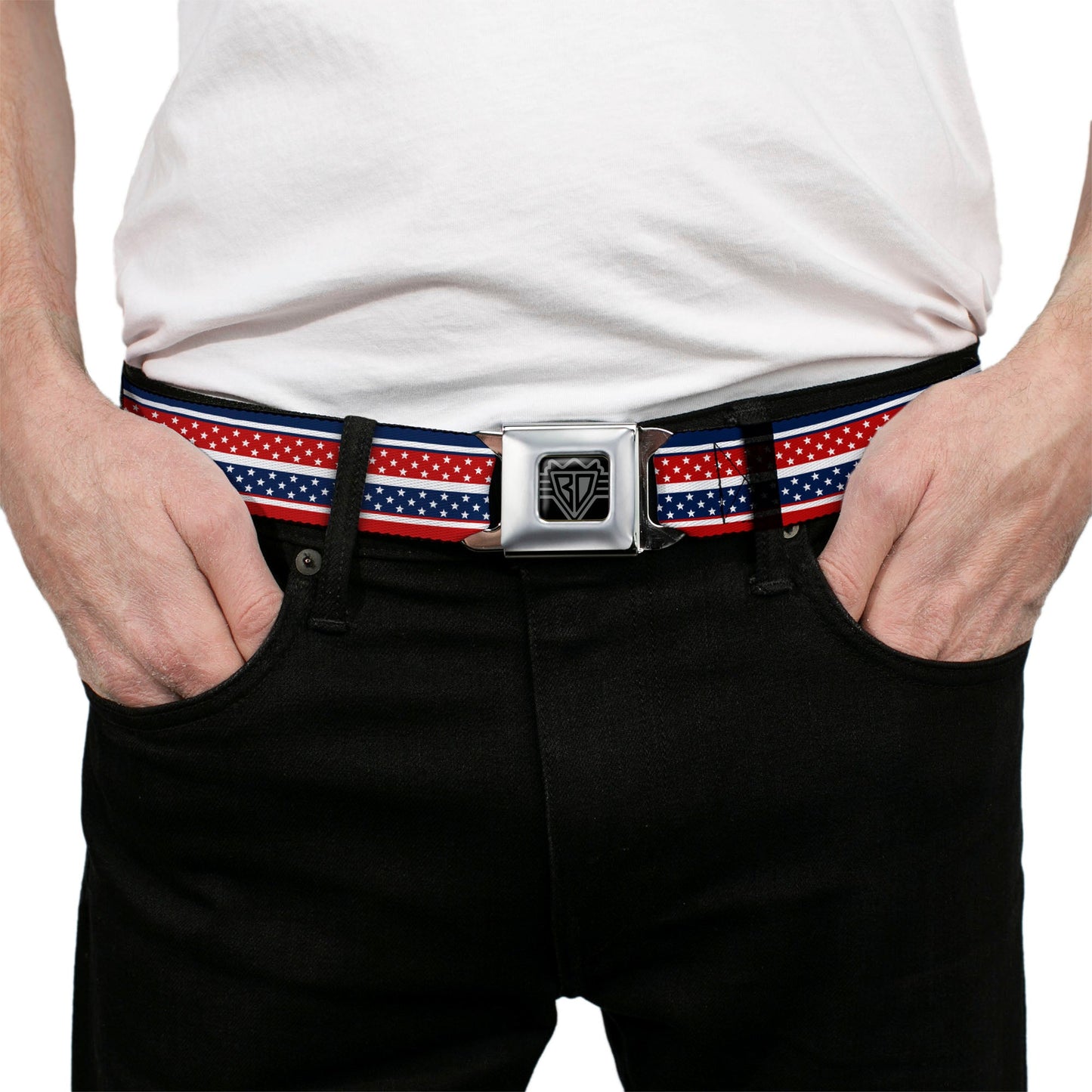 BD Wings Logo CLOSE-UP Full Color Black Silver Seatbelt Belt - Americana Stripe w/Mini Stars Blue/Red/White Webbing