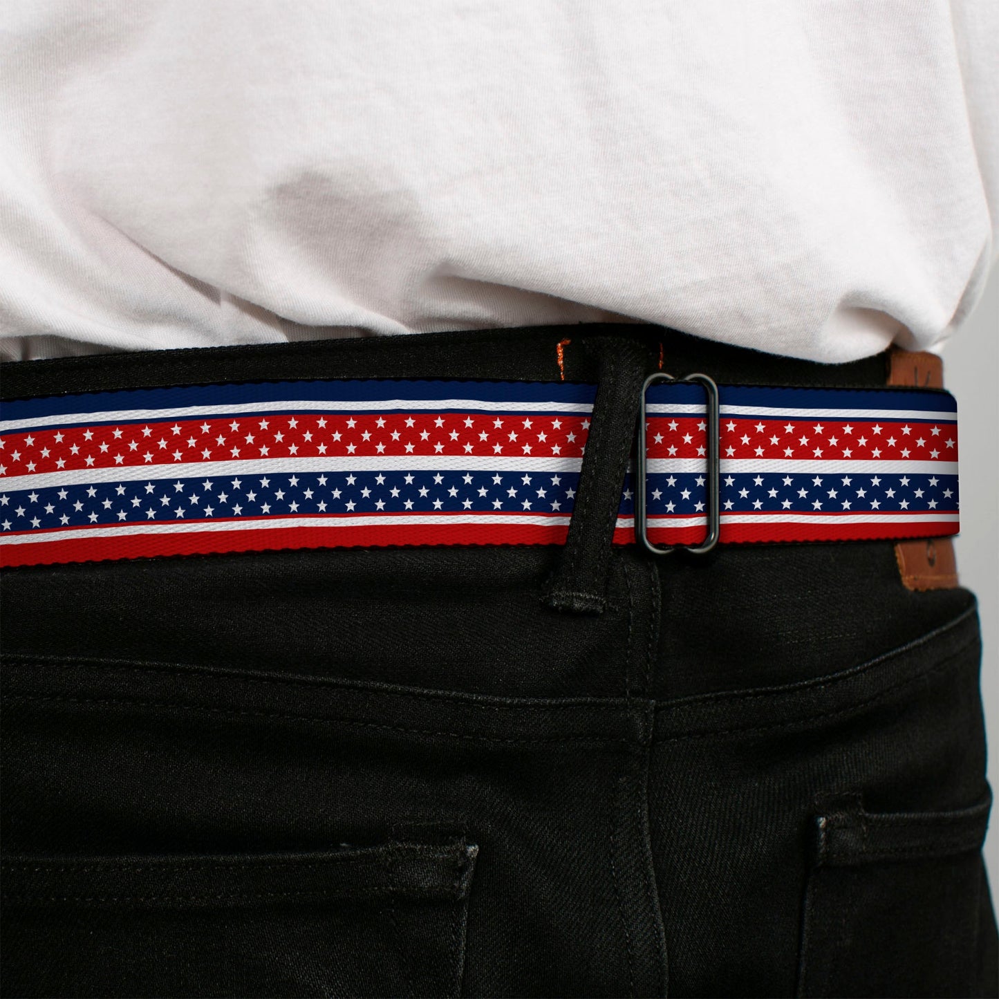 BD Wings Logo CLOSE-UP Full Color Black Silver Seatbelt Belt - Americana Stripe w/Mini Stars Blue/Red/White Webbing