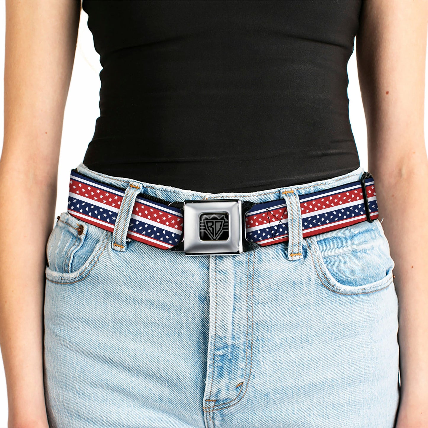 BD Wings Logo CLOSE-UP Full Color Black Silver Seatbelt Belt - Americana Stripe w/Mini Stars Blue/Red/White Webbing