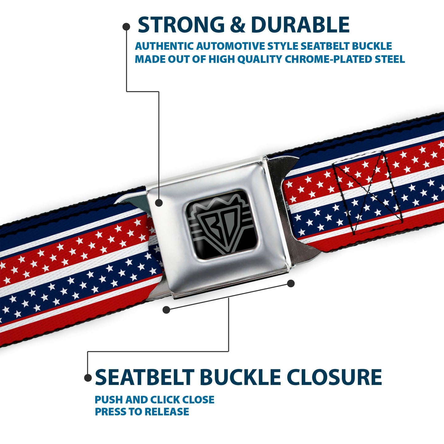 BD Wings Logo CLOSE-UP Full Color Black Silver Seatbelt Belt - Americana Stripe w/Mini Stars Blue/Red/White Webbing