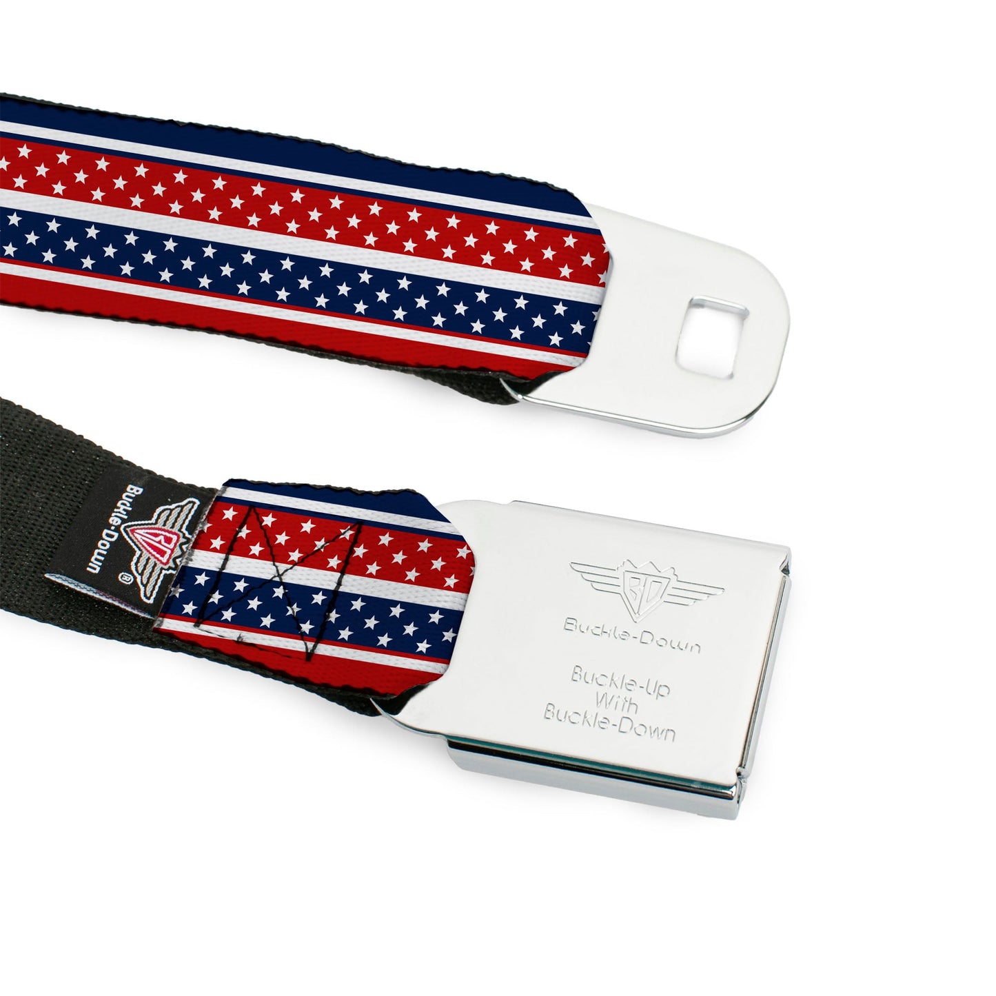 BD Wings Logo CLOSE-UP Full Color Black Silver Seatbelt Belt - Americana Stripe w/Mini Stars Blue/Red/White Webbing