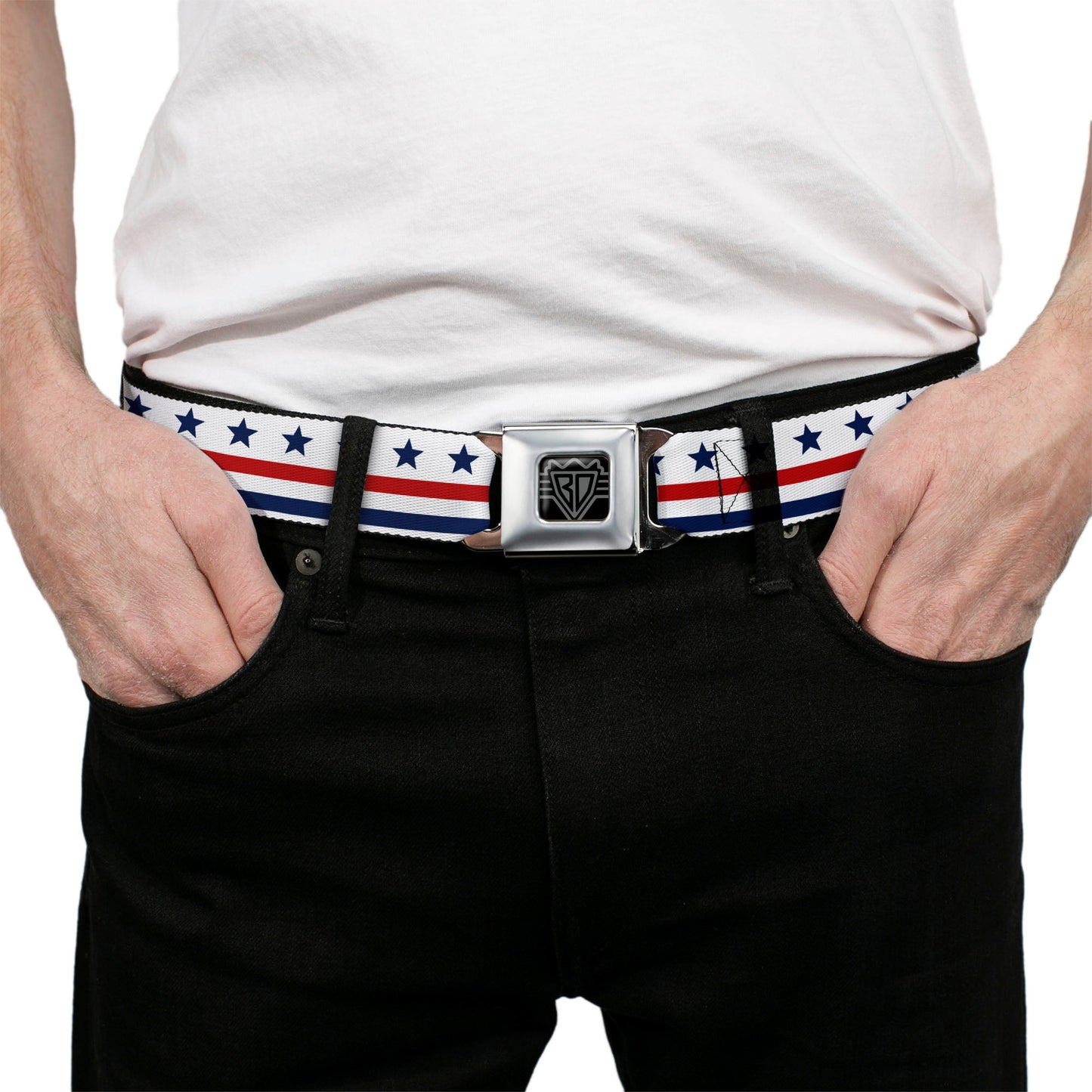 BD Wings Logo CLOSE-UP Full Color Black Silver Seatbelt Belt - Americana Stars & Stripes7 White/Blue/Red Webbing