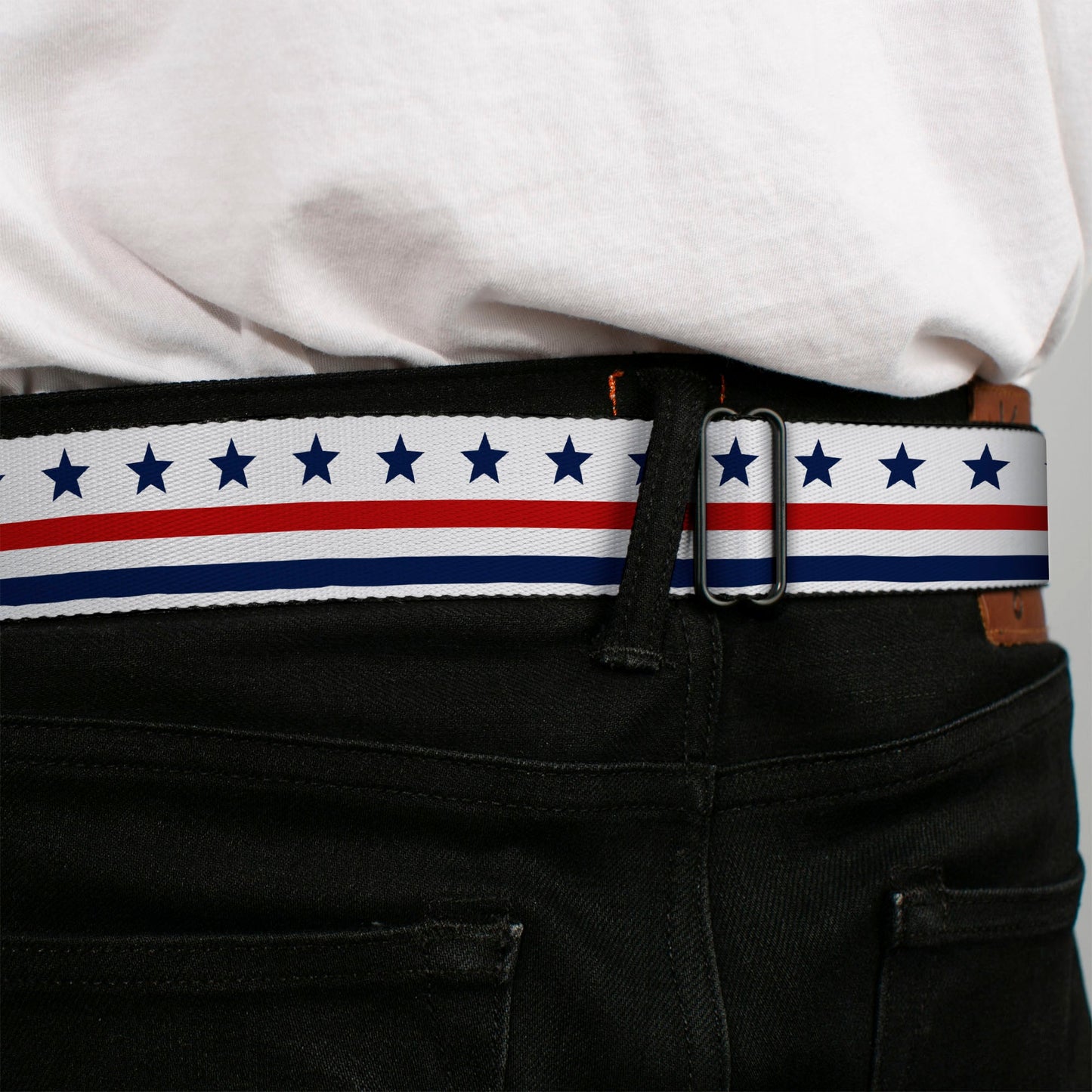 BD Wings Logo CLOSE-UP Full Color Black Silver Seatbelt Belt - Americana Stars & Stripes7 White/Blue/Red Webbing