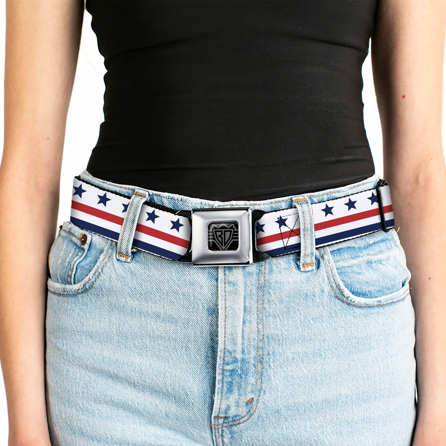 BD Wings Logo CLOSE-UP Full Color Black Silver Seatbelt Belt - Americana Stars & Stripes7 White/Blue/Red Webbing