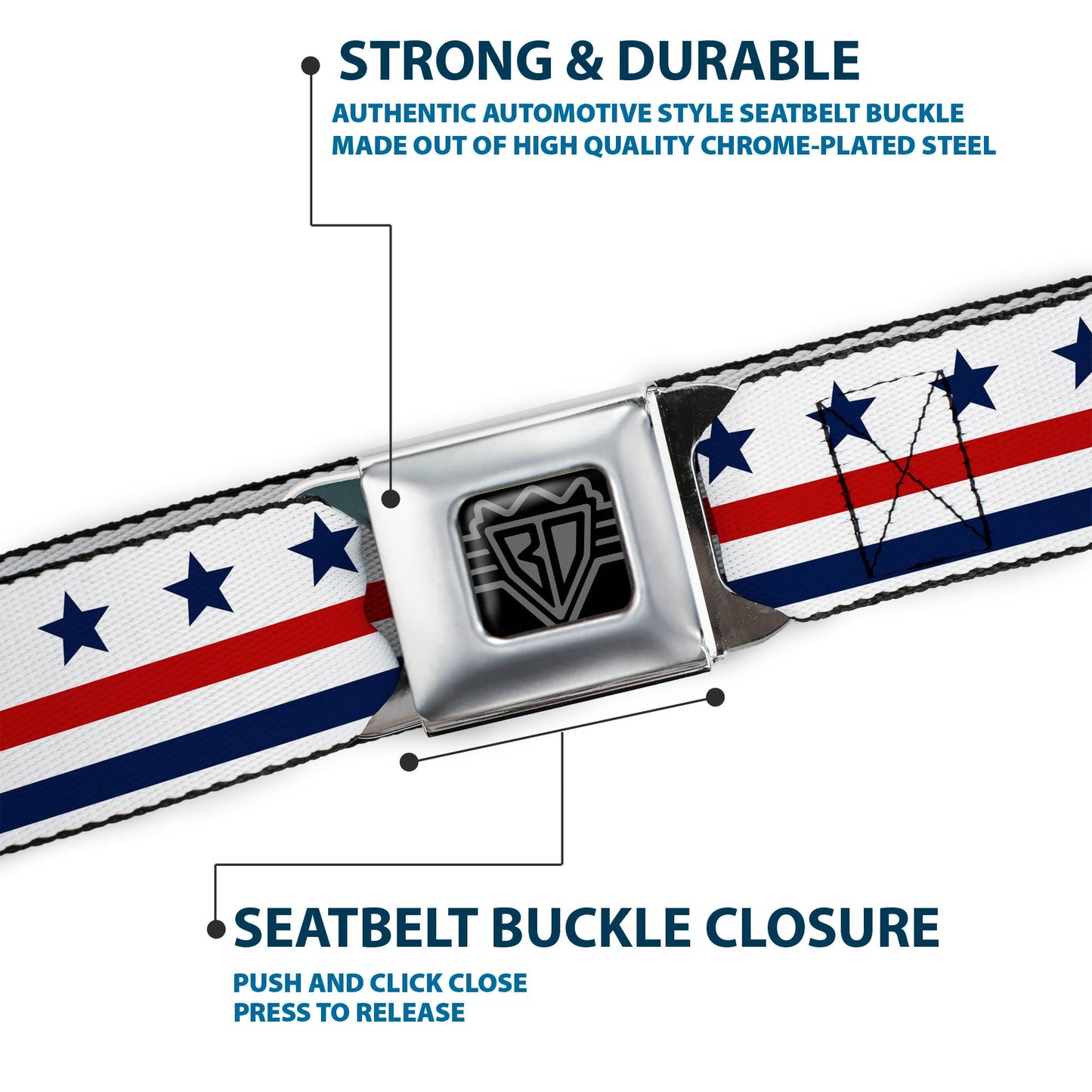 BD Wings Logo CLOSE-UP Full Color Black Silver Seatbelt Belt - Americana Stars & Stripes7 White/Blue/Red Webbing