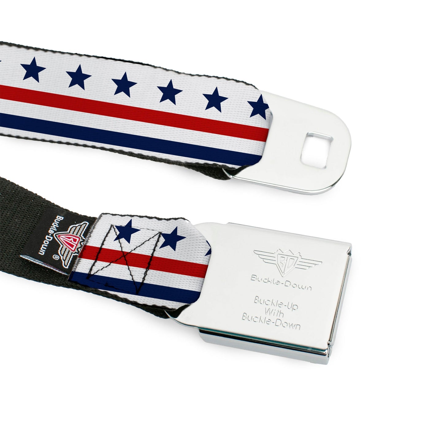 BD Wings Logo CLOSE-UP Full Color Black Silver Seatbelt Belt - Americana Stars & Stripes7 White/Blue/Red Webbing