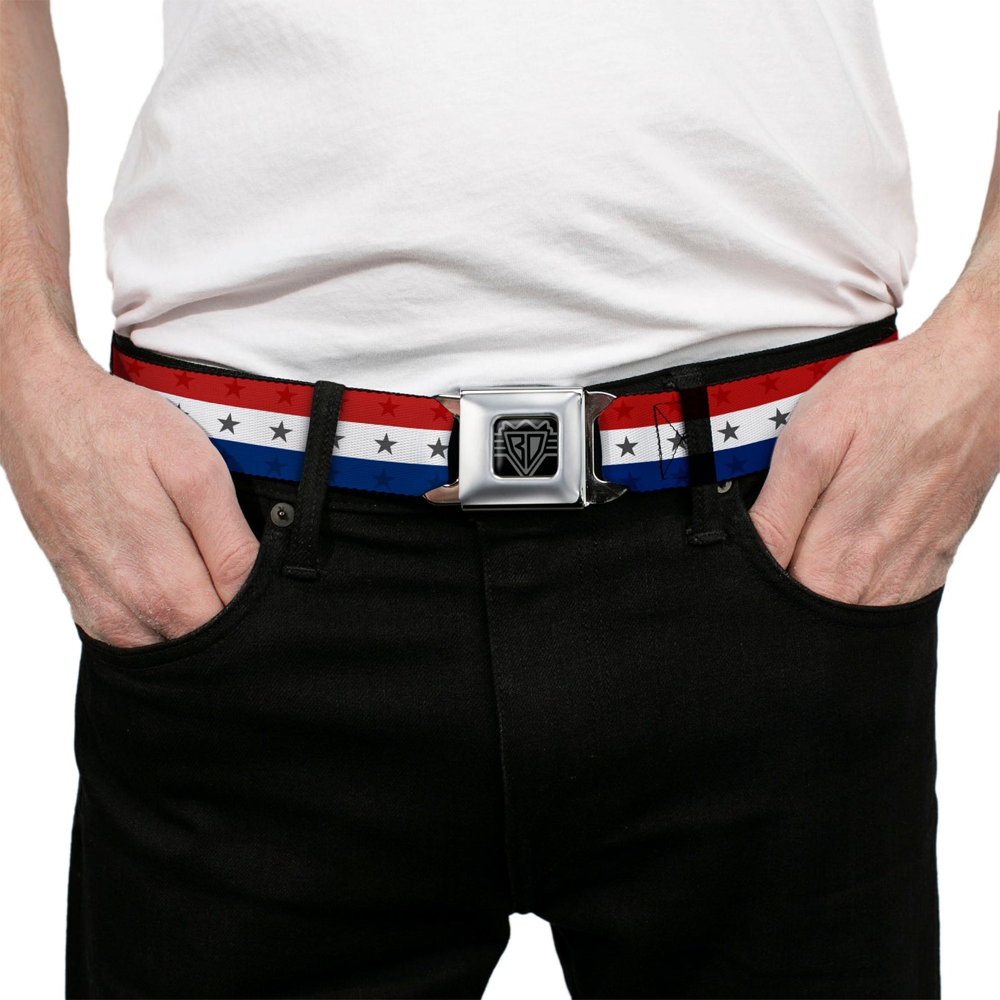 BD Wings Logo CLOSE-UP Full Color Black Silver Seatbelt Belt - Americana Star Stripes Red/White/Blue Webbing