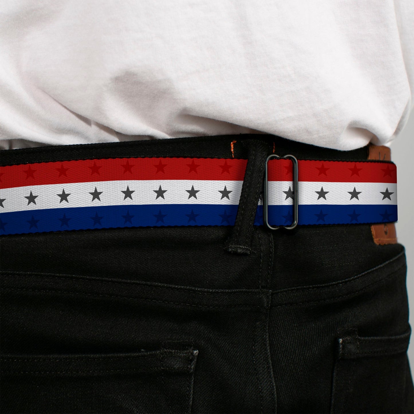 BD Wings Logo CLOSE-UP Full Color Black Silver Seatbelt Belt - Americana Star Stripes Red/White/Blue Webbing