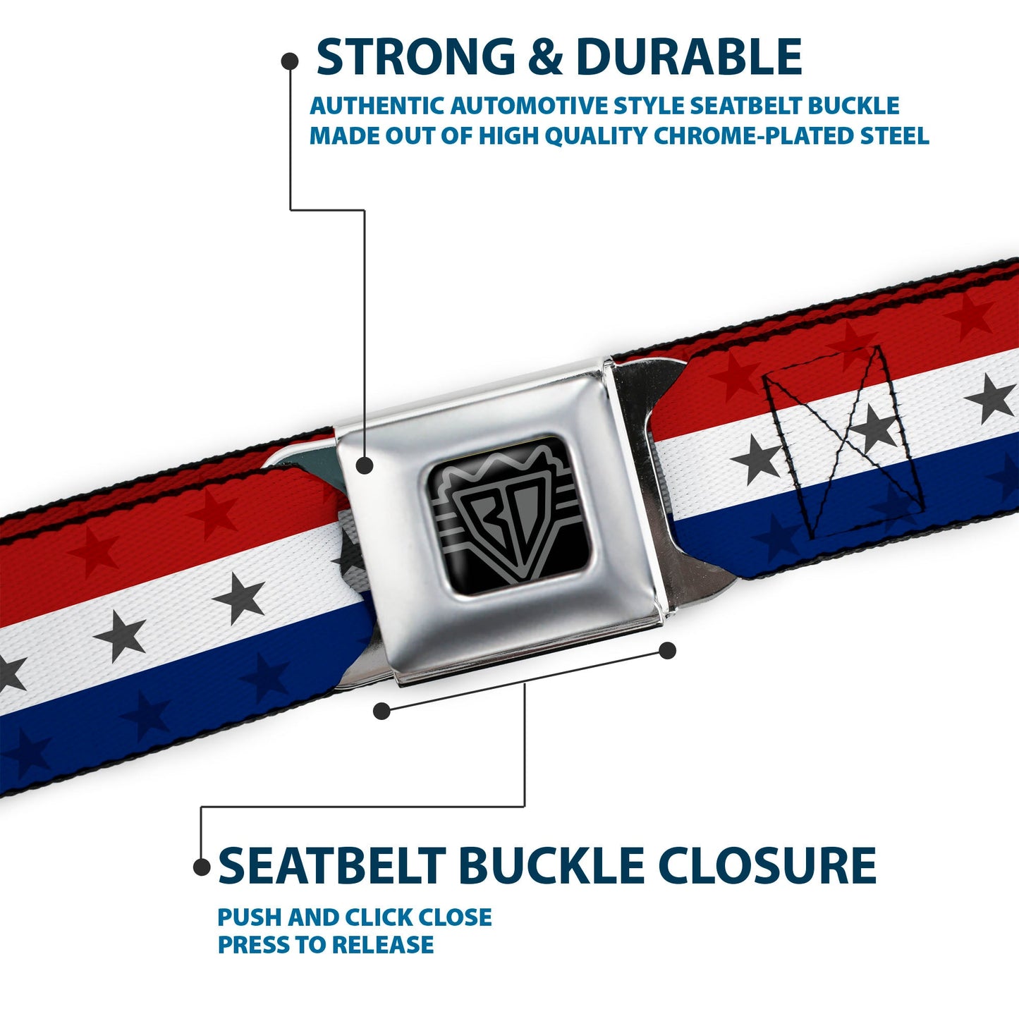 BD Wings Logo CLOSE-UP Full Color Black Silver Seatbelt Belt - Americana Star Stripes Red/White/Blue Webbing