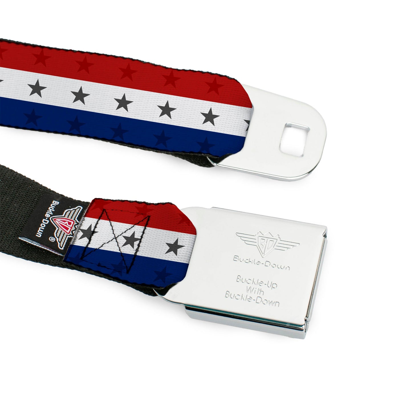 BD Wings Logo CLOSE-UP Full Color Black Silver Seatbelt Belt - Americana Star Stripes Red/White/Blue Webbing