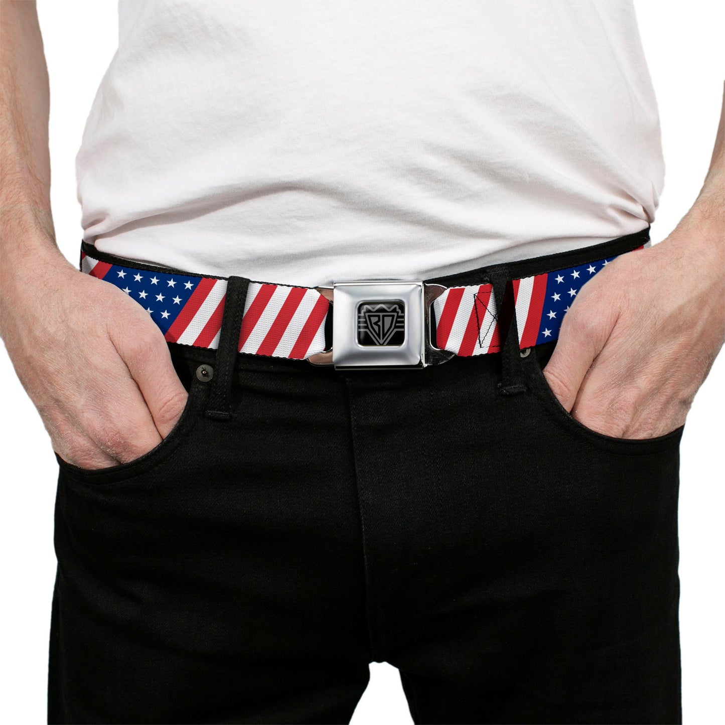 BD Wings Logo CLOSE-UP Full Color Black Silver Seatbelt Belt - American Flag Diagonal Webbing