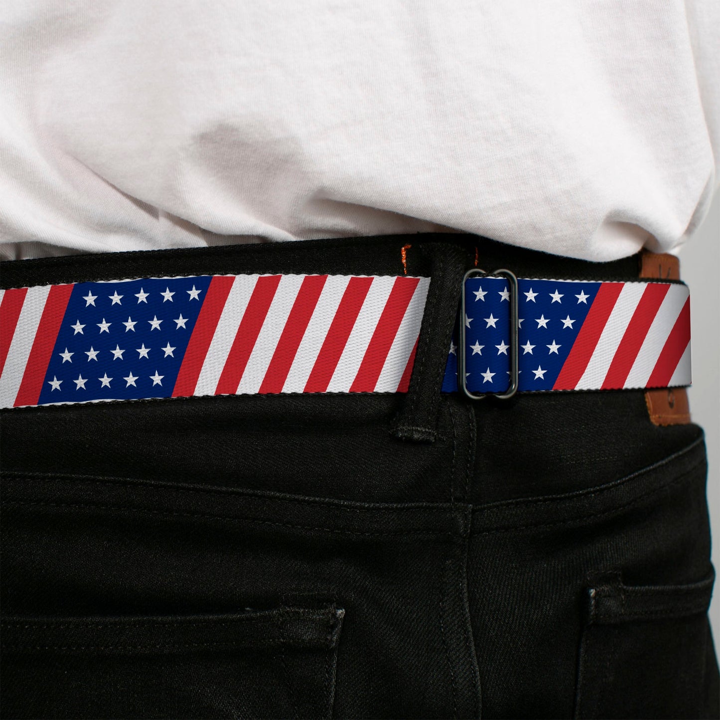 BD Wings Logo CLOSE-UP Full Color Black Silver Seatbelt Belt - American Flag Diagonal Webbing