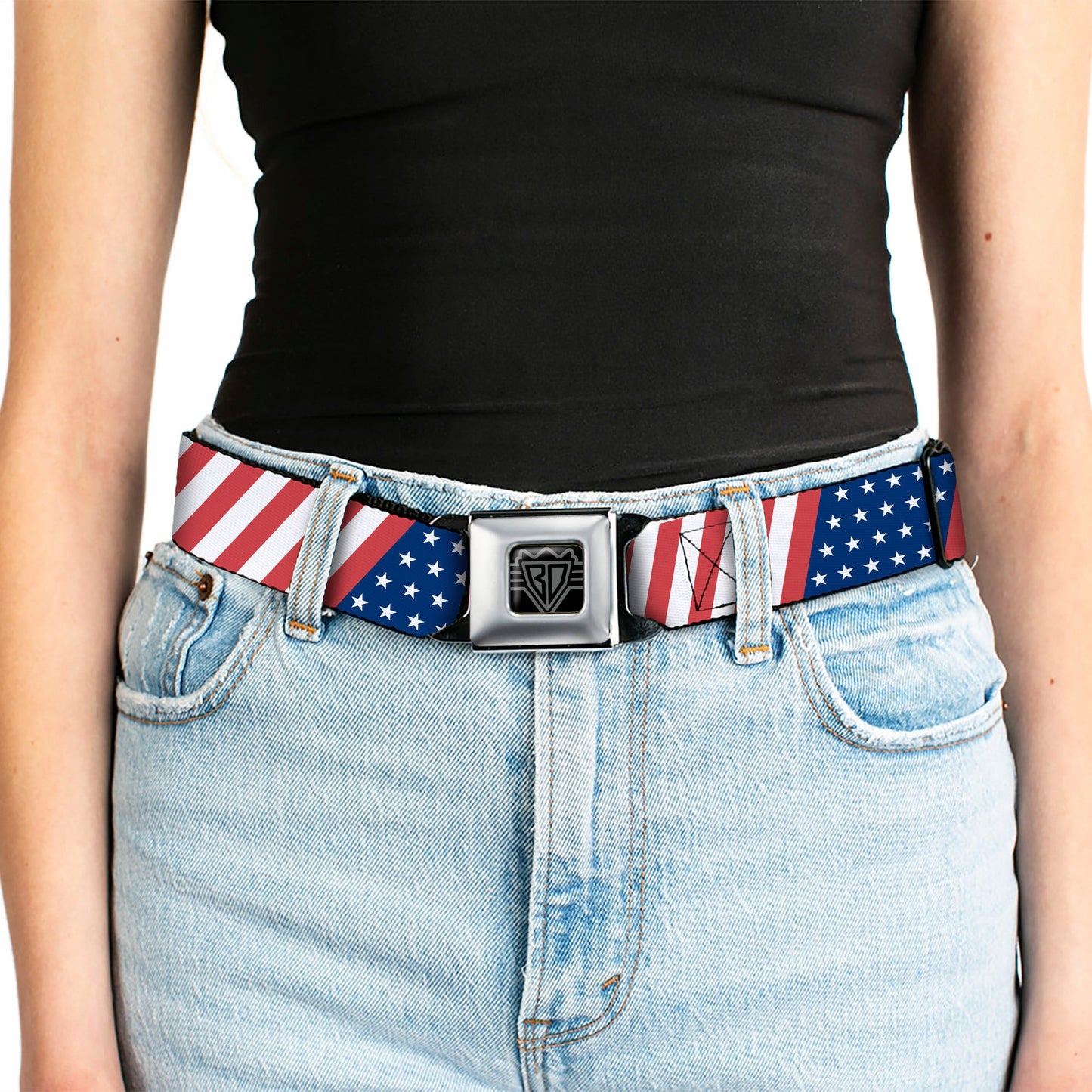 BD Wings Logo CLOSE-UP Full Color Black Silver Seatbelt Belt - American Flag Diagonal Webbing