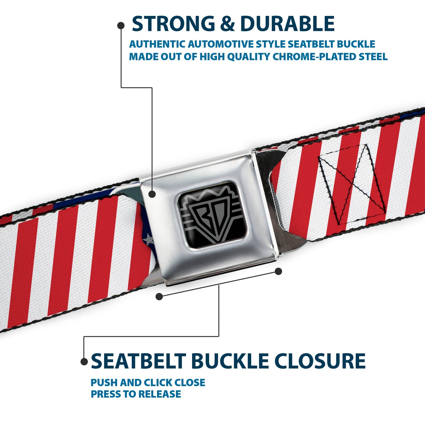 BD Wings Logo CLOSE-UP Full Color Black Silver Seatbelt Belt - American Flag Diagonal Webbing