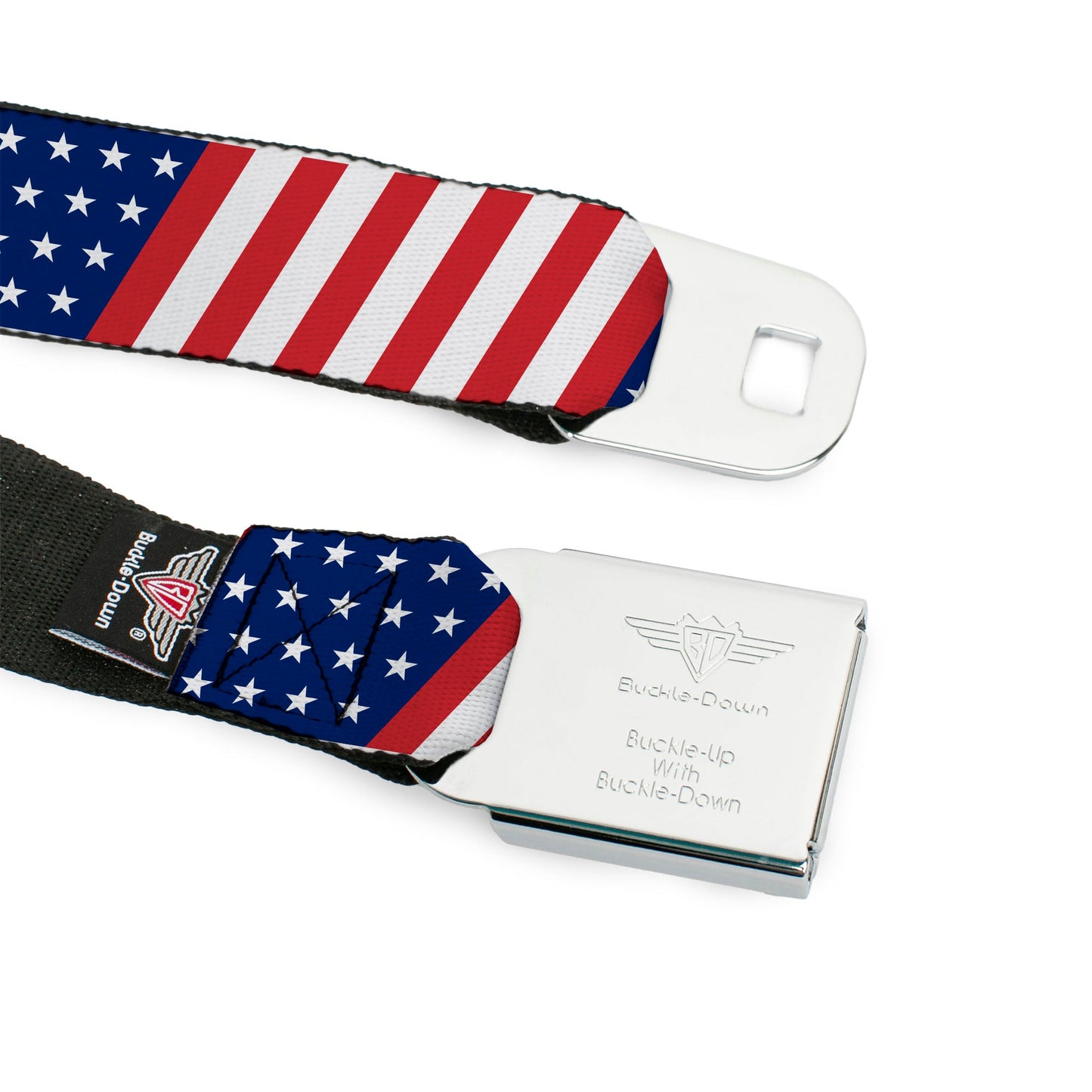 BD Wings Logo CLOSE-UP Full Color Black Silver Seatbelt Belt - American Flag Diagonal Webbing