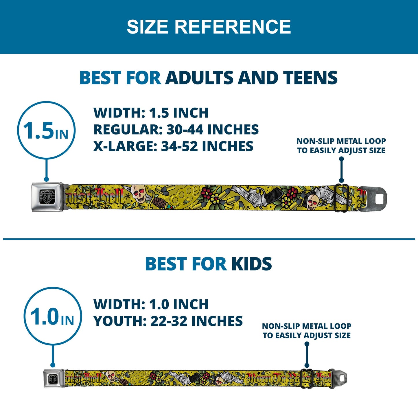 BD Wings Logo CLOSE-UP Full Color Black Silver Seatbelt Belt - Born to Raise Hell Yellow Webbing