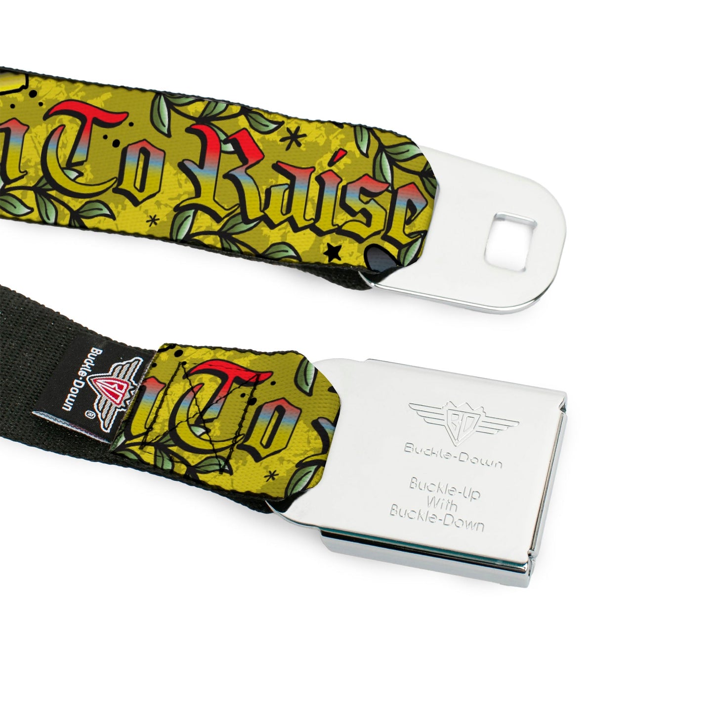 BD Wings Logo CLOSE-UP Full Color Black Silver Seatbelt Belt - Born to Raise Hell Yellow Webbing