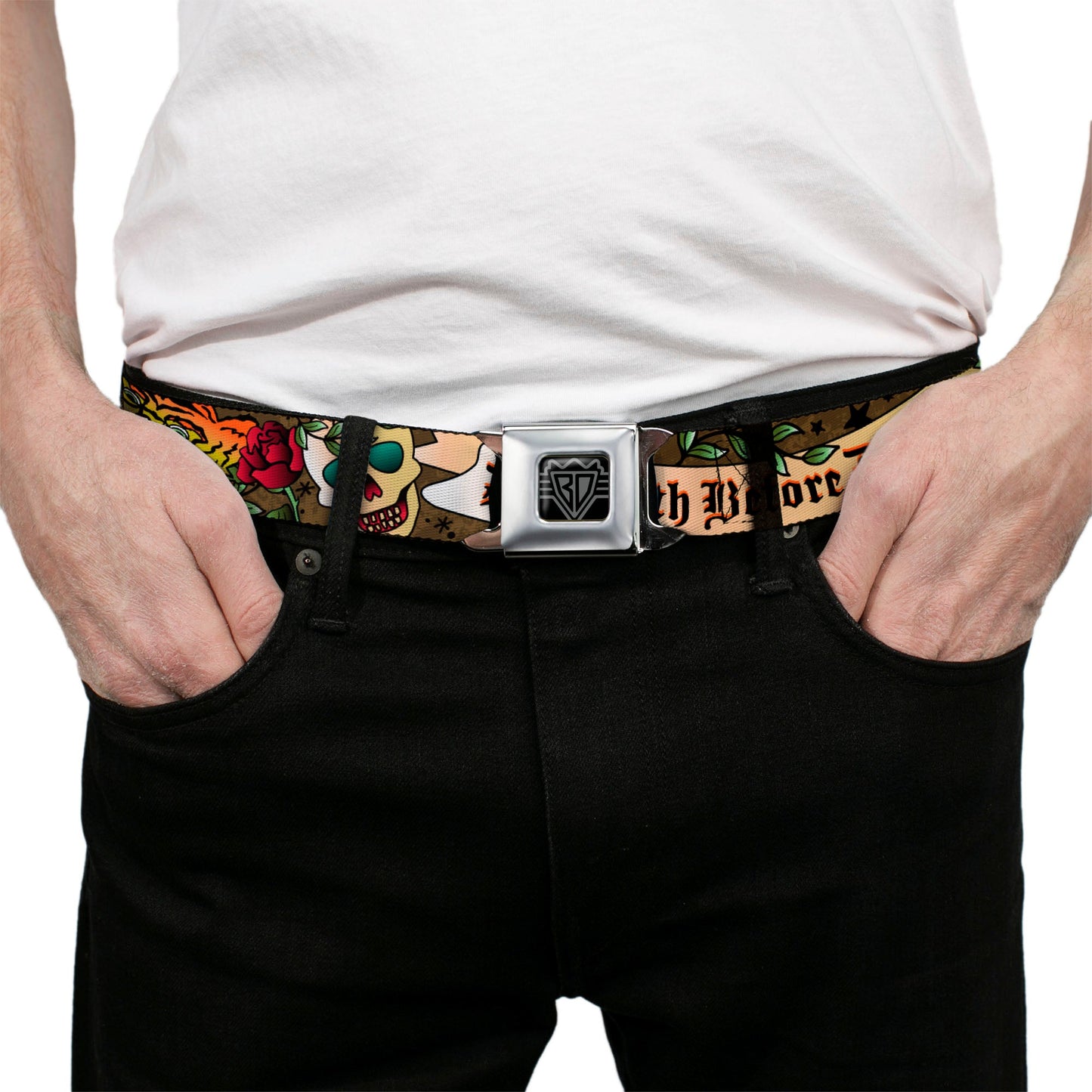BD Wings Logo CLOSE-UP Full Color Black Silver Seatbelt Belt - Death Before Dishonor Olive Webbing
