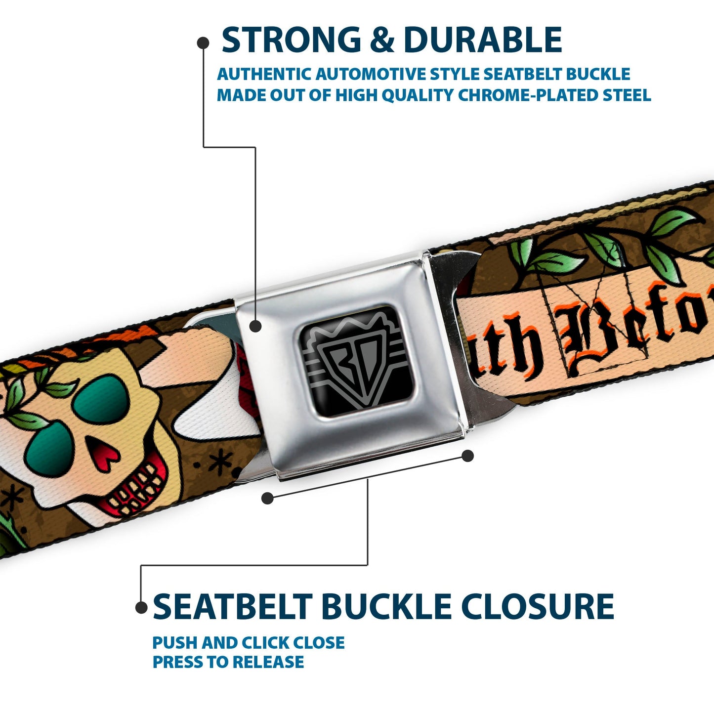 BD Wings Logo CLOSE-UP Full Color Black Silver Seatbelt Belt - Death Before Dishonor Olive Webbing