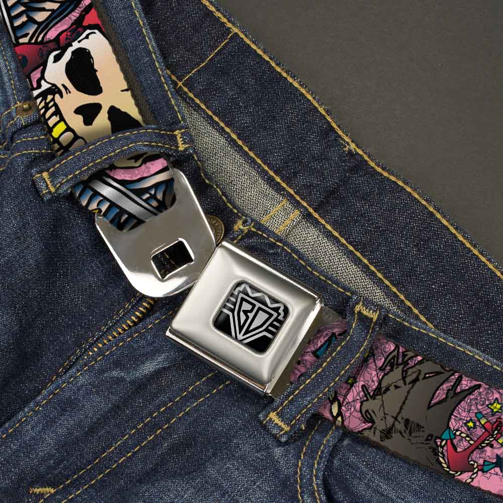 BD Wings Logo CLOSE-UP Full Color Black Silver Seatbelt Belt - Dead Men Tell No Tales Pink Webbing