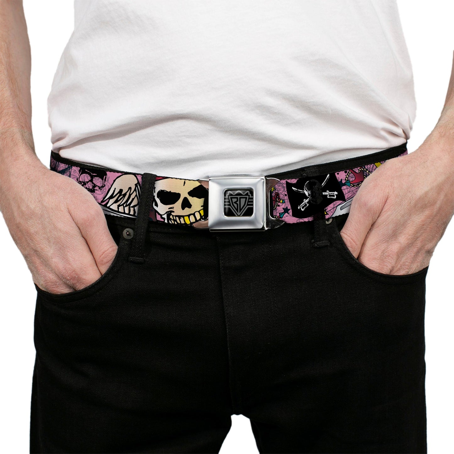 BD Wings Logo CLOSE-UP Full Color Black Silver Seatbelt Belt - Dead Men Tell No Tales Pink Webbing