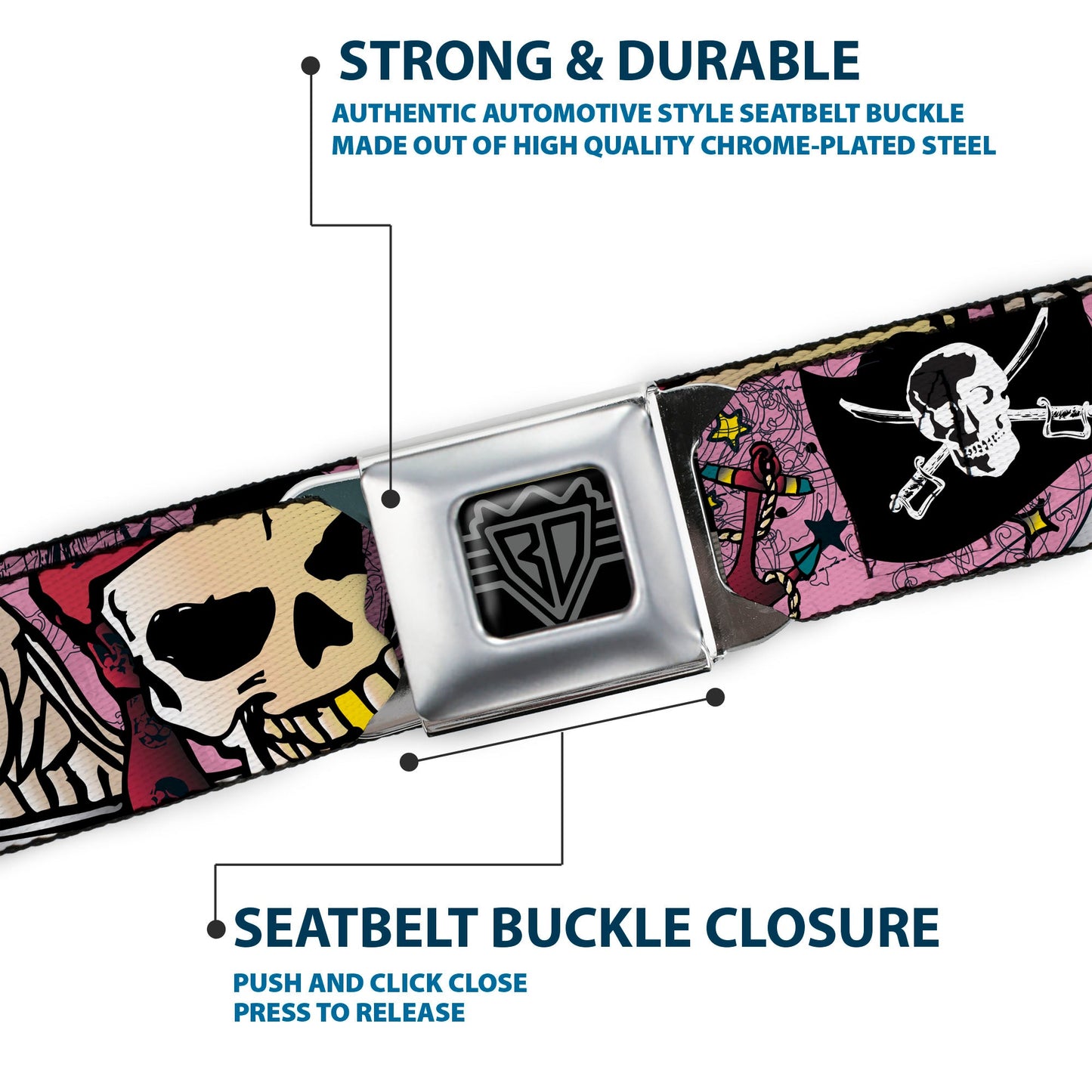 BD Wings Logo CLOSE-UP Full Color Black Silver Seatbelt Belt - Dead Men Tell No Tales Pink Webbing